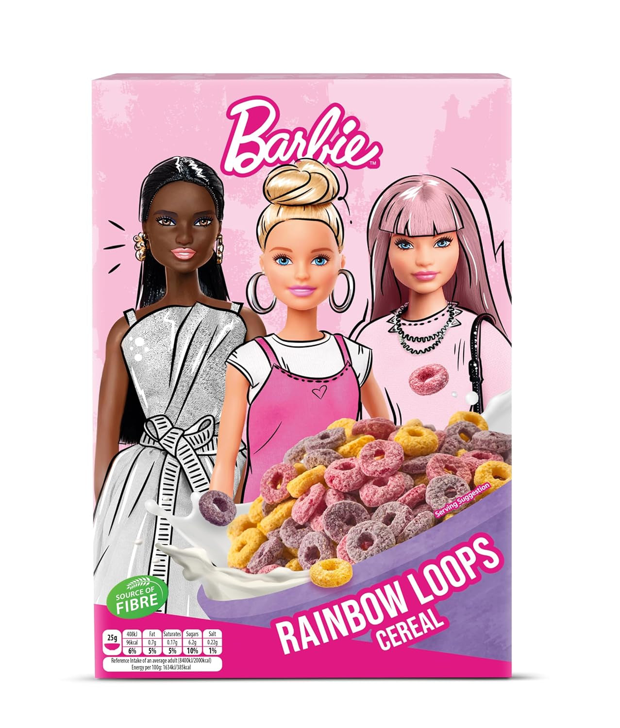 Barbie Rainbow Loops korn, farverige ringe af hvede, havre og majs med frugtsmag til den perfekte morgenmad, 1 pakke (1 x 350 g)