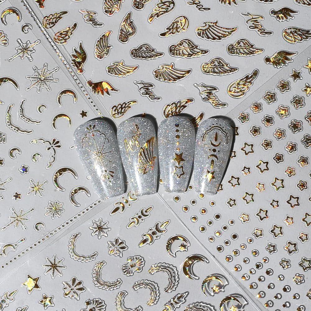 8 ark Guld Måne og Stjerner Nail Art Stickers Englevinger Tan Guld Nail Stickers Stjerner Negle Foils Selvklæbende negle Stickers Negle Design Tilbehør Negle Stickers