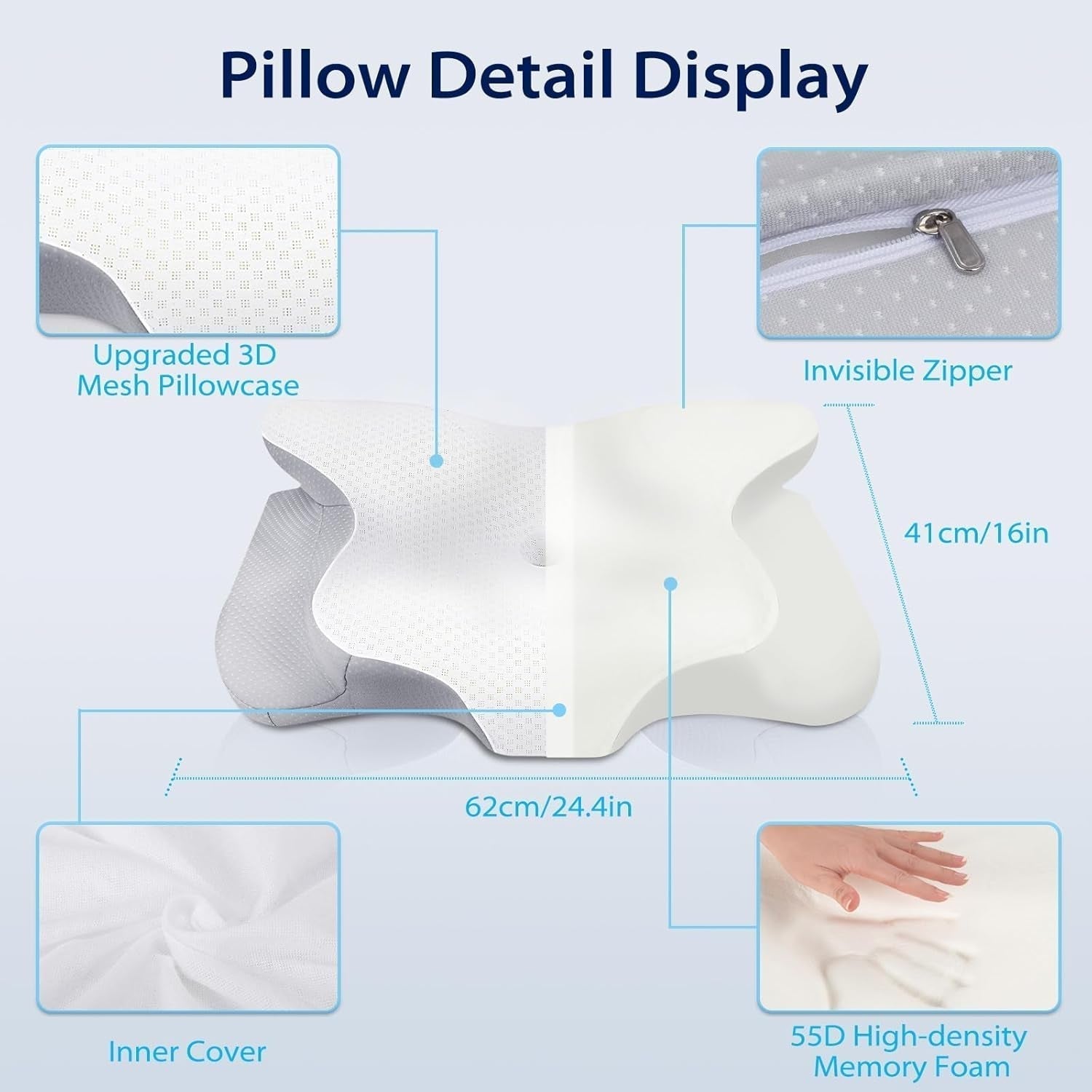 HOMCA Nakkepudepude, Memory Foam Ergonomisk pude 3D-kølepudebetræk til liggende, side- eller liggende stilling, 62 X 41 X 9,5/12,5 cm Cervikale ortopædiske puder Naty Shop