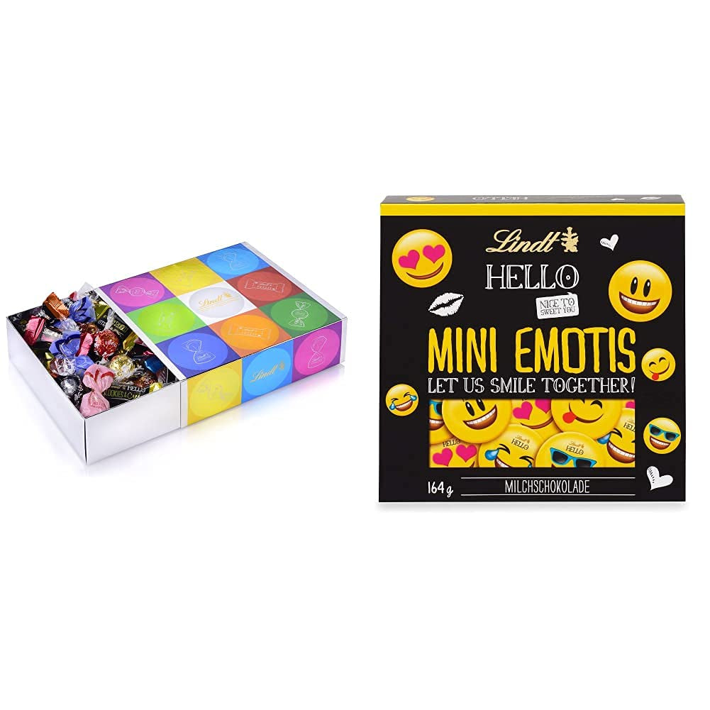 Chokoladesortiment (37 LINDOR-kugler, 24 Hello Mini-pinde, 10 Mini Fioretto), chokoladegave (1 x 815 g) og HELLO Mini Emoti, mælkechokolade i 5 humørikon-designs, 164 g