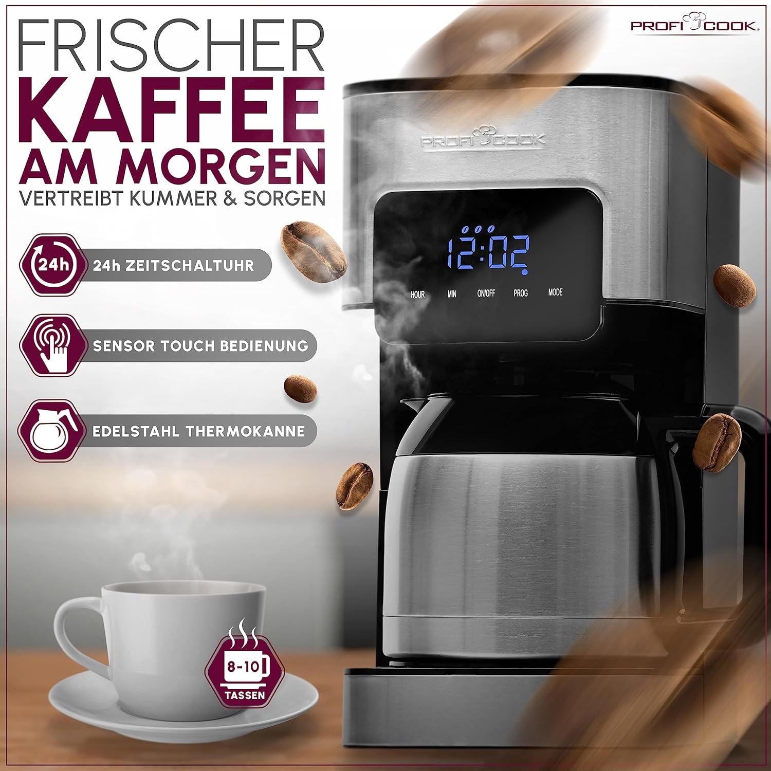 Kaffemaskine Profi Cook | 8-10 kopper | Timer | Sensor Touch-kontrol | 1,2 liter dobbeltvæg termokande | Smagsforsegling | Kaffemaskine med filter i rustfrit stål | PC-KA 1191