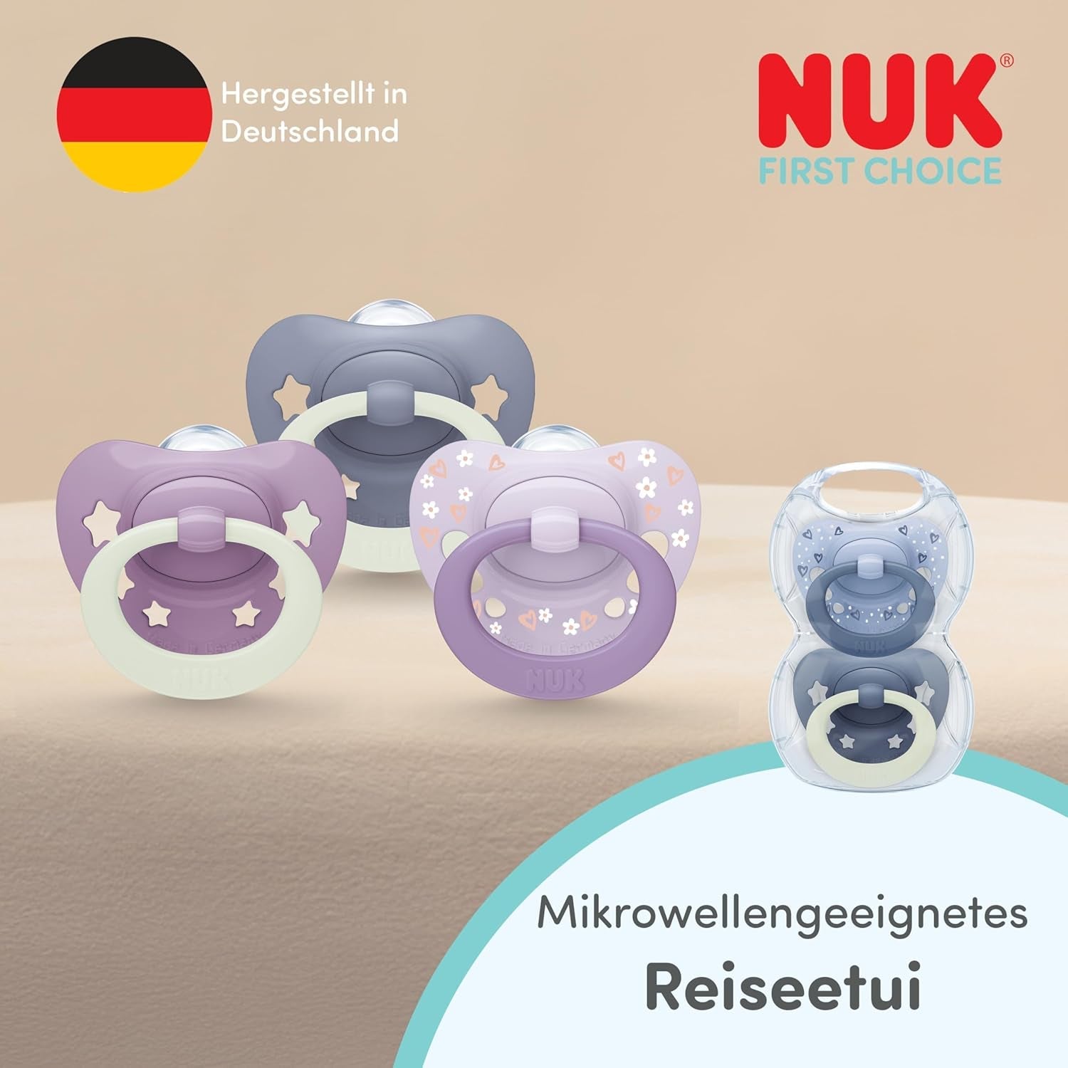 NUK First Choice klassiske dag- og natsutter til babyer | 6-18 måneder | Ortodontiske sutter der lyser i mørke | 95 % accept af babyer** | Blå | Pakke med 2