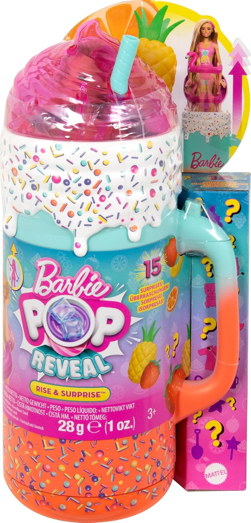 BARBIE Pop Reveal Rise & Surprise Gavesæt - 15+ overraskelser inklusive 1 Barbie-dukke, strandtilbehør til legende og frugtig sjov for børn fra 3 år og opefter, HRK57
