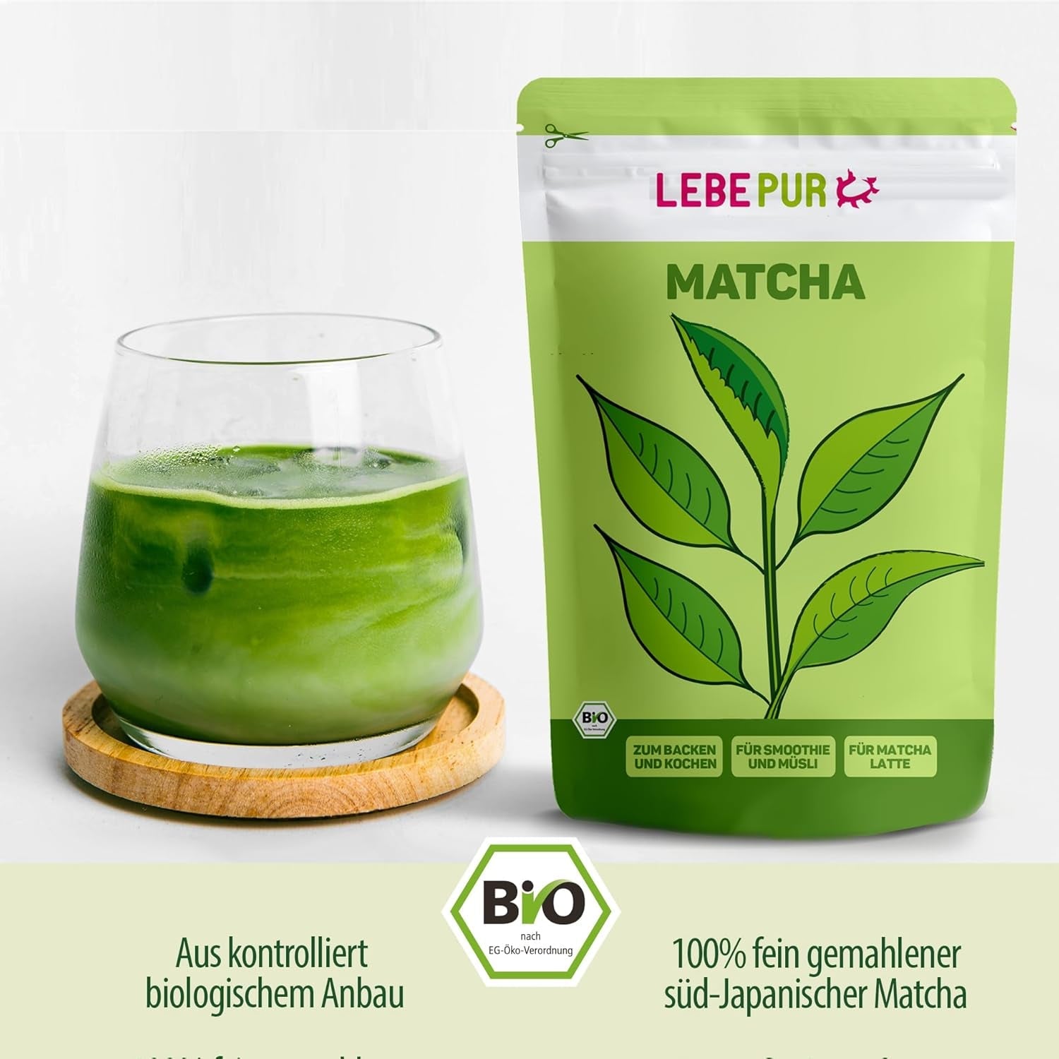 Lebepur BIO Matcha Powder 100G - Førsteklasses kvalitet fra Japan Ingen tilsætningsstoffer - 100 % ren grøn te pulver til Matcha Latte, Matcha te, grøn te, smoothie - japansk grøn te