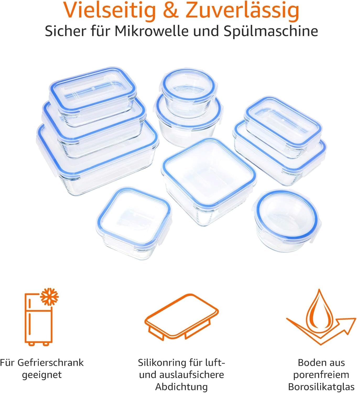 Amazon Basics madbeholdere af glas med låg 20 pakke (10 beholdere + 10 låg) BPA-fri klare blå madopbevaringskasser Naty Shop