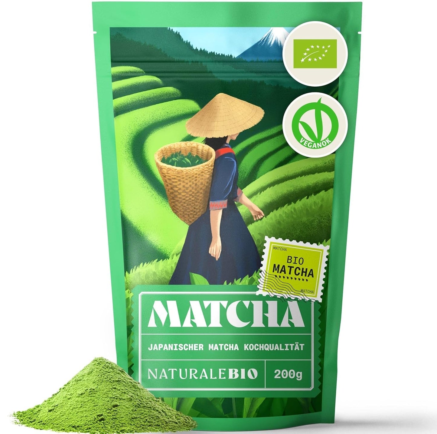 Naturalebio BIO Grøn te pulver 100 g. Til madlavning og bagning. Original japansk matcha. Grøn te fra Japan, vegansk, glutenfri og ikke-GMO. Naturligt økologisk produkt.
