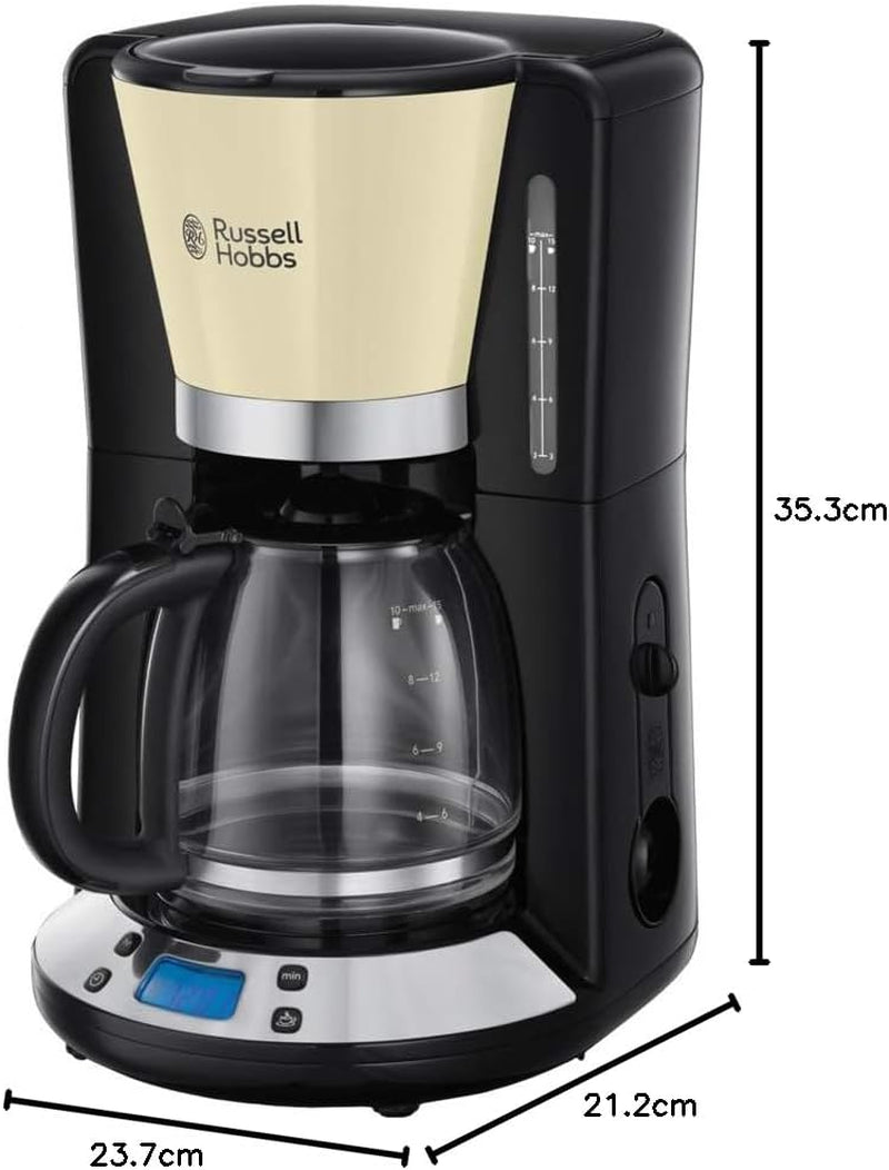 Russell Hobbs kaffemaskine [Digital timer, brusehoved for optimal udsugning og aroma] Farver+ Creme (1 til 10 kopper, 1,25 L glaskaraffel, varmeplade, 1100W) Filterkaffemaskine 24033-56