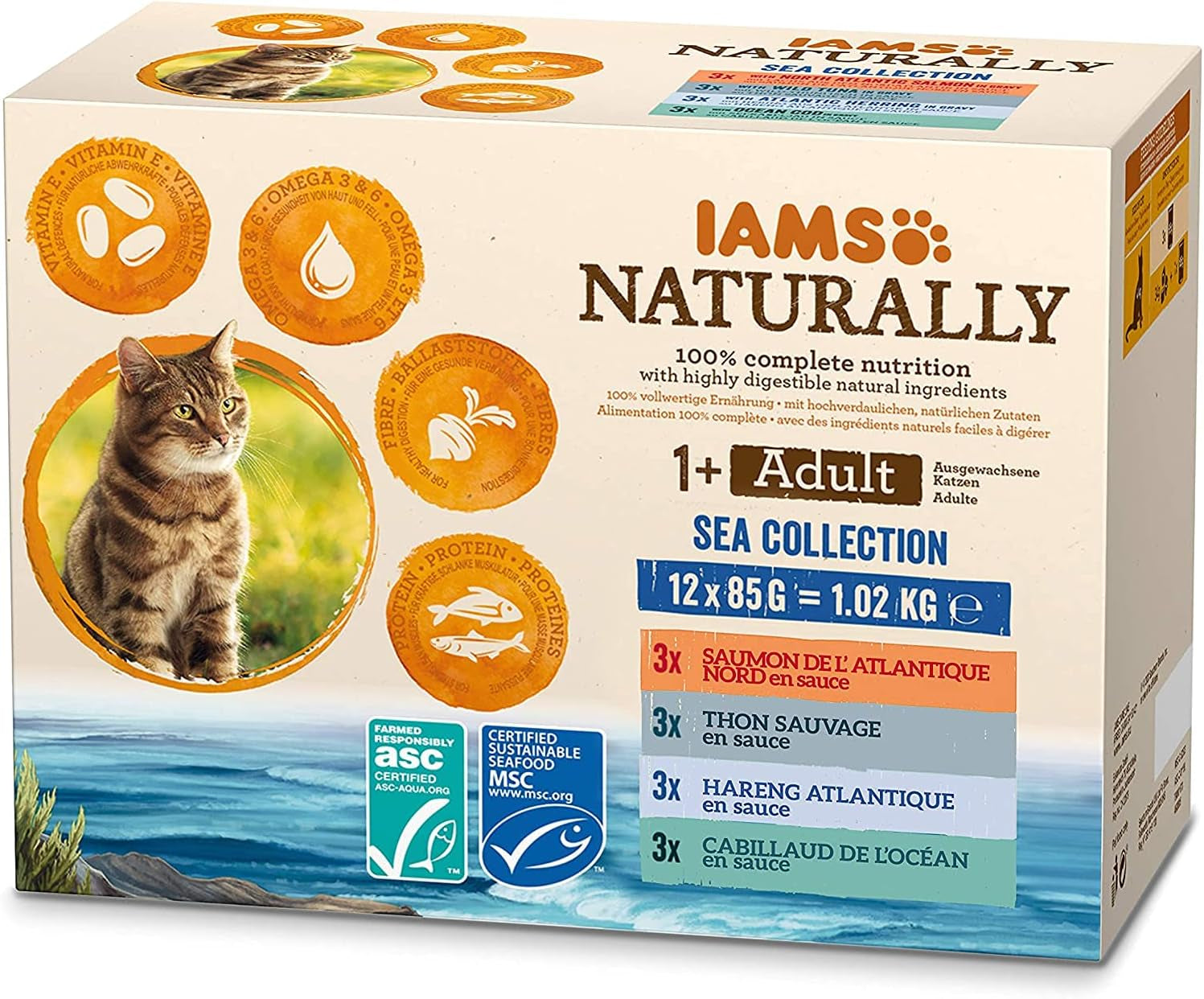 IAMS naturligt våd kattefoder i sauce - vådfoder af høj kvalitet med fisk til voksne katte, havsamling, 12 x 85 g