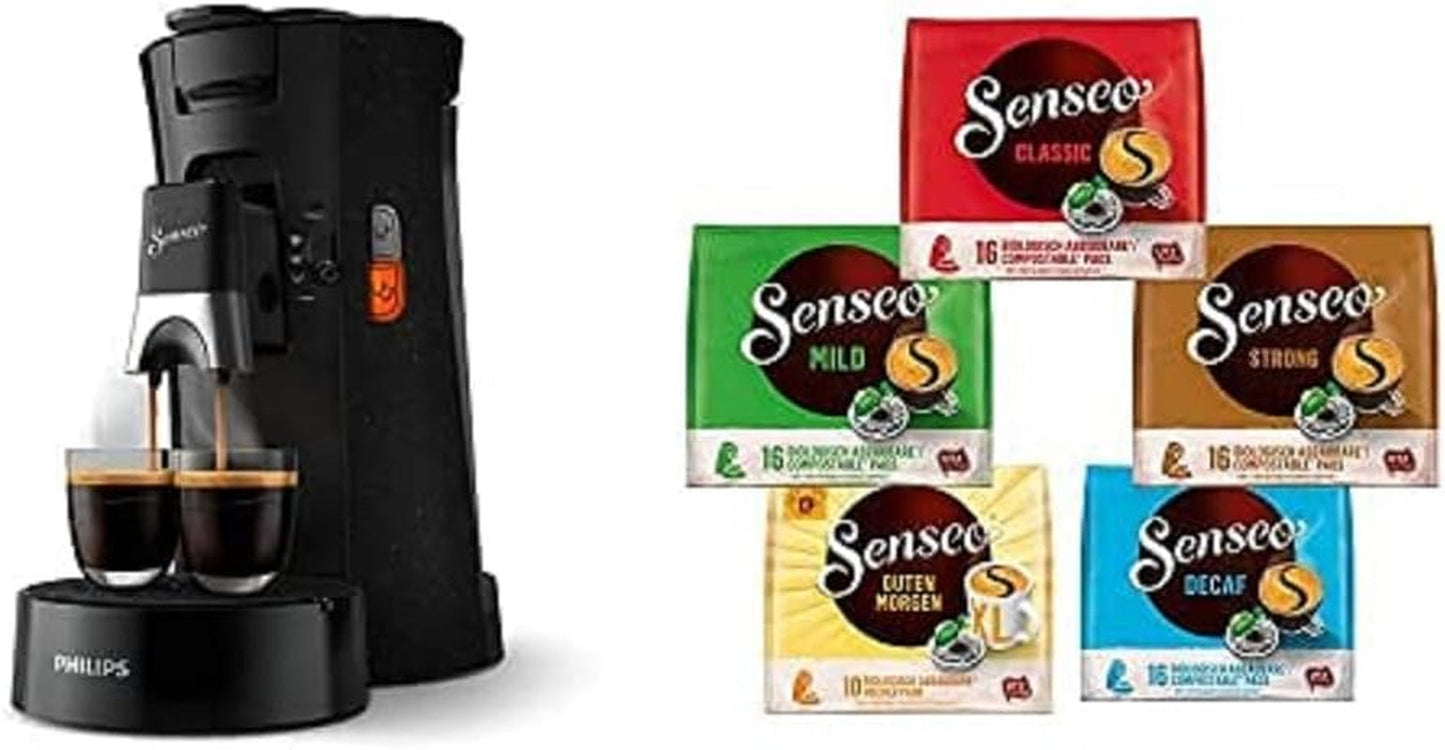 Senseo Select ECO CSA240/20 Kaffeepadmaschine (schwarz/gesprenkelt) + Senseo Pads, Probierbox med 5 sorter, 74 Kaffeepads