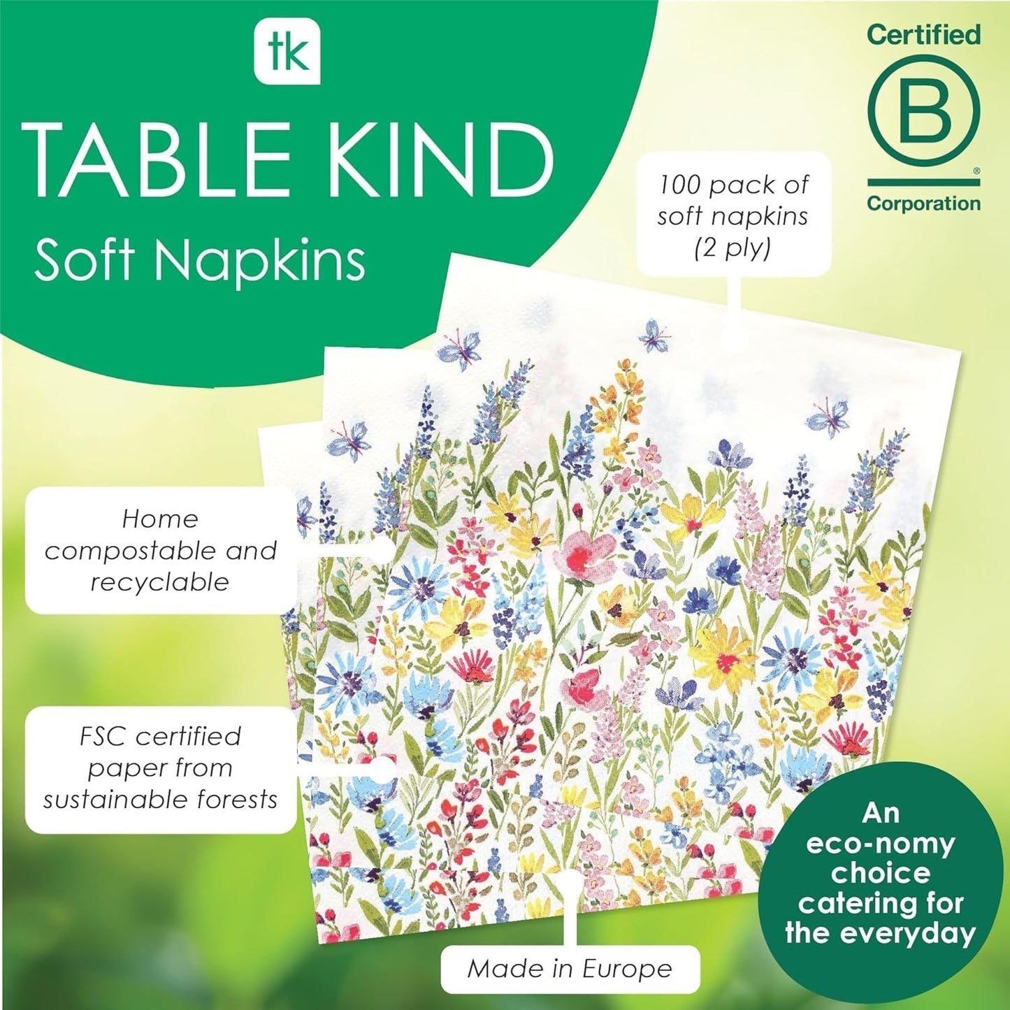 Taleborde Bordvenlige engangsservietter, bløde papirservietter, engangsservietter med blomstermønster, til bryllup eller daglig brug, miljøvenlig, komposterbar, genanvendelig