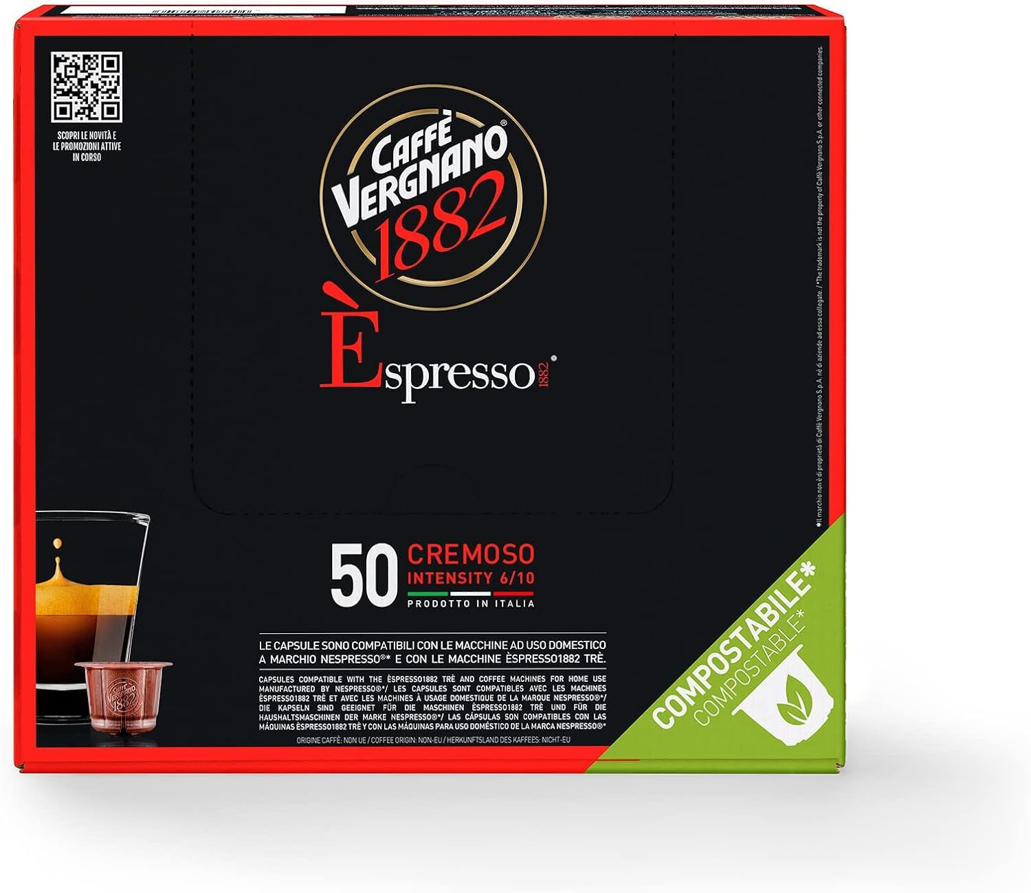 Caffè Vergnano 1882 - Èspresso Kompostierbare Kaffeekapseln, kompatibel med Nespresso, Cremoso (cremet) - Packung Enthälts 50 Kapseln