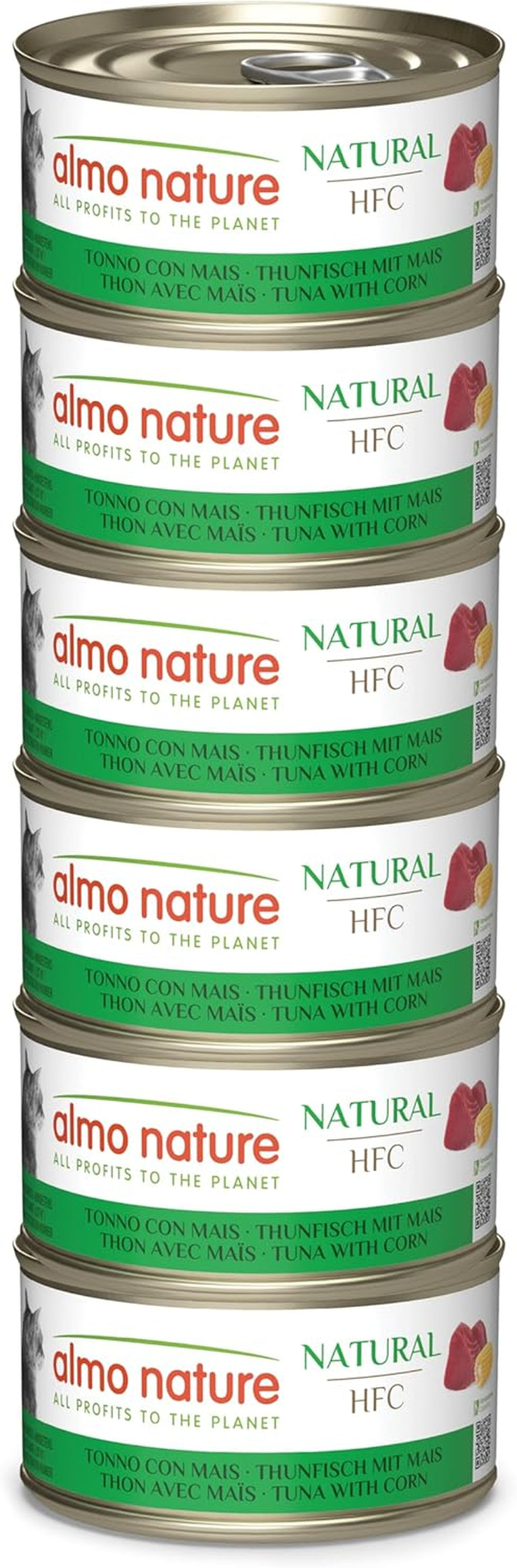 Almo Nature HFC Natural - Vådfoder til voksne katte - Tun og majs - Menneskelig kvalitet, Glutenfri - 6 x 70g