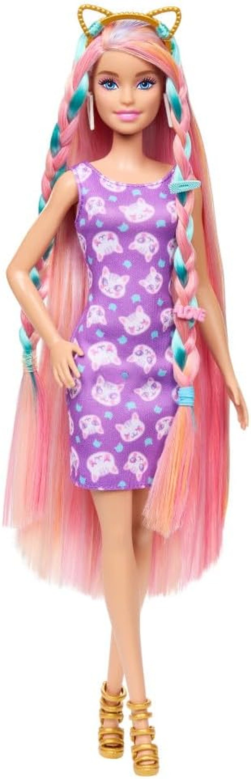 Barbie Totally Hair - Dukke med ekstra langt regnbuehår, der er let at style, og 10 mode- og stylingtilbehør, farveblok prikket kjole, til alderen 3 og opefter, HKT96