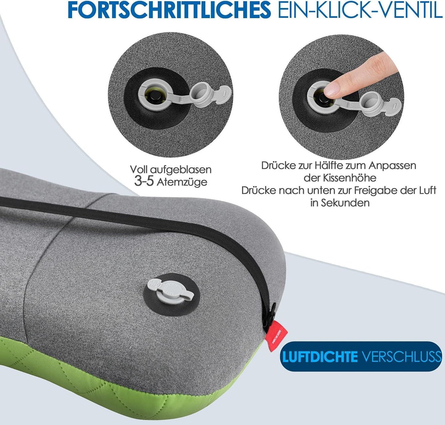 HIKENTURE Oppustelig camping-/rejsepude med aftageligt pudebetræk, ergonomisk pude, komfortabel nakkepude til rejser/udendørs, oppustelig rejsenakkepude (grøn) ... Cervikal ortopædiske puder Naty Shop
