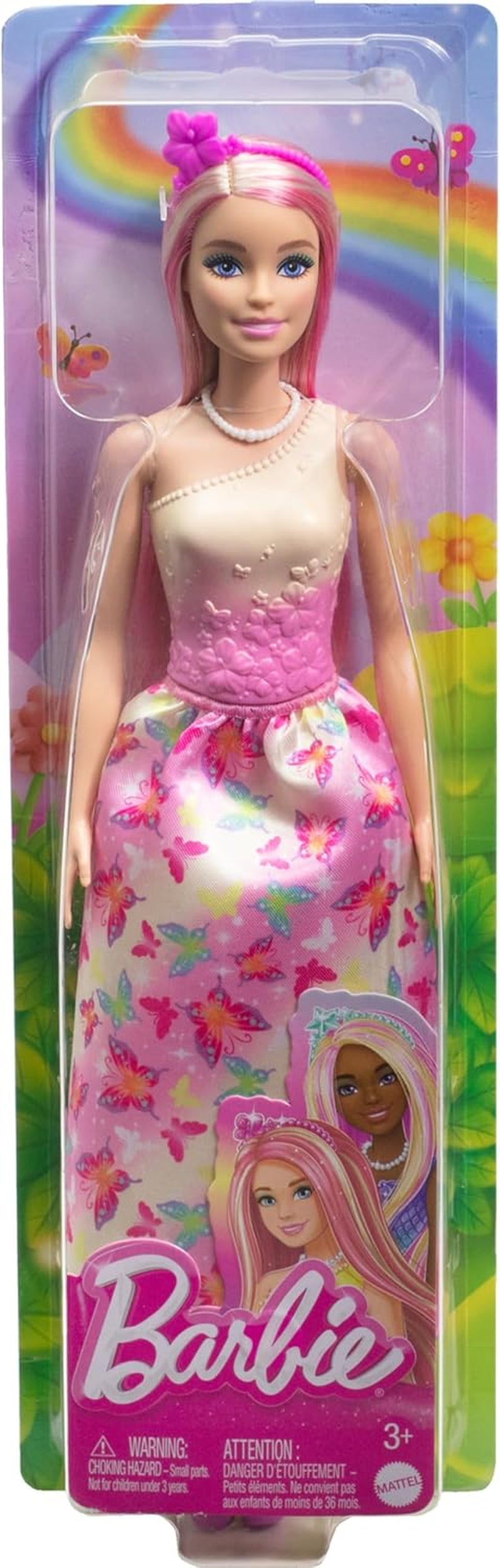 Royal Barbie Doll med lyst og pink lyst hår, farverigt tilbehør, pink gradient top og sommerfugle nederdel, HRR08 Naty Shop Dolls