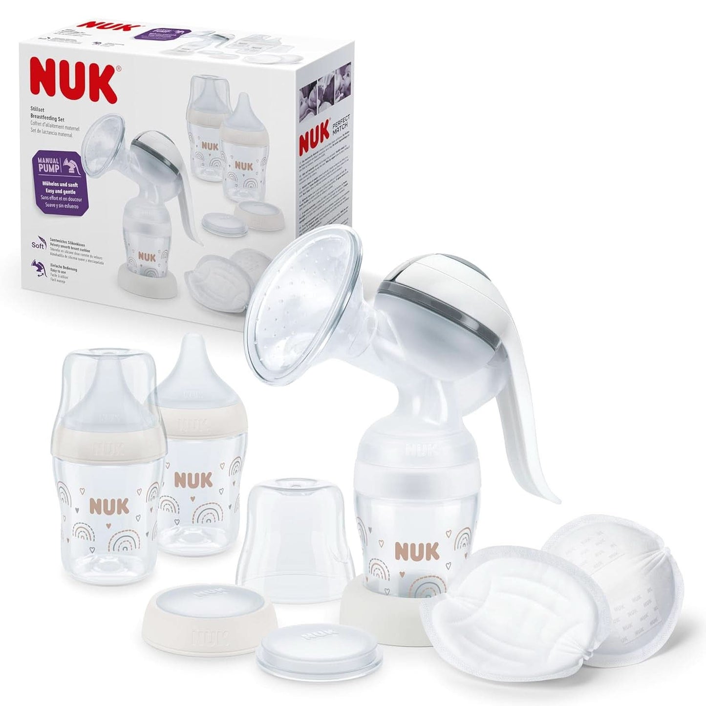 NUK manuel brystpumpesæt, blød silikonepude, 2 perfekt kombinerede flasker, 150 ml Tilbehør Mad og amning Bebe Naty Shop Håndmælkpumpesæt
