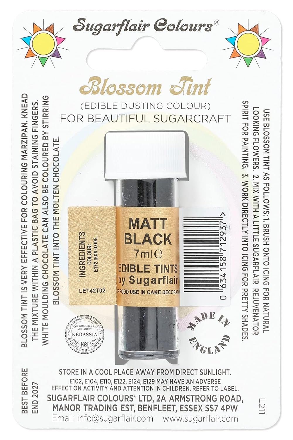 Madfarvepulver Sugarflair Blossom Tint Duting, matsort - Madsort pulver til dekoration af farvet sukkerpasta, fondant, glasur, chokolade, smørcreme, makroner - 7ml