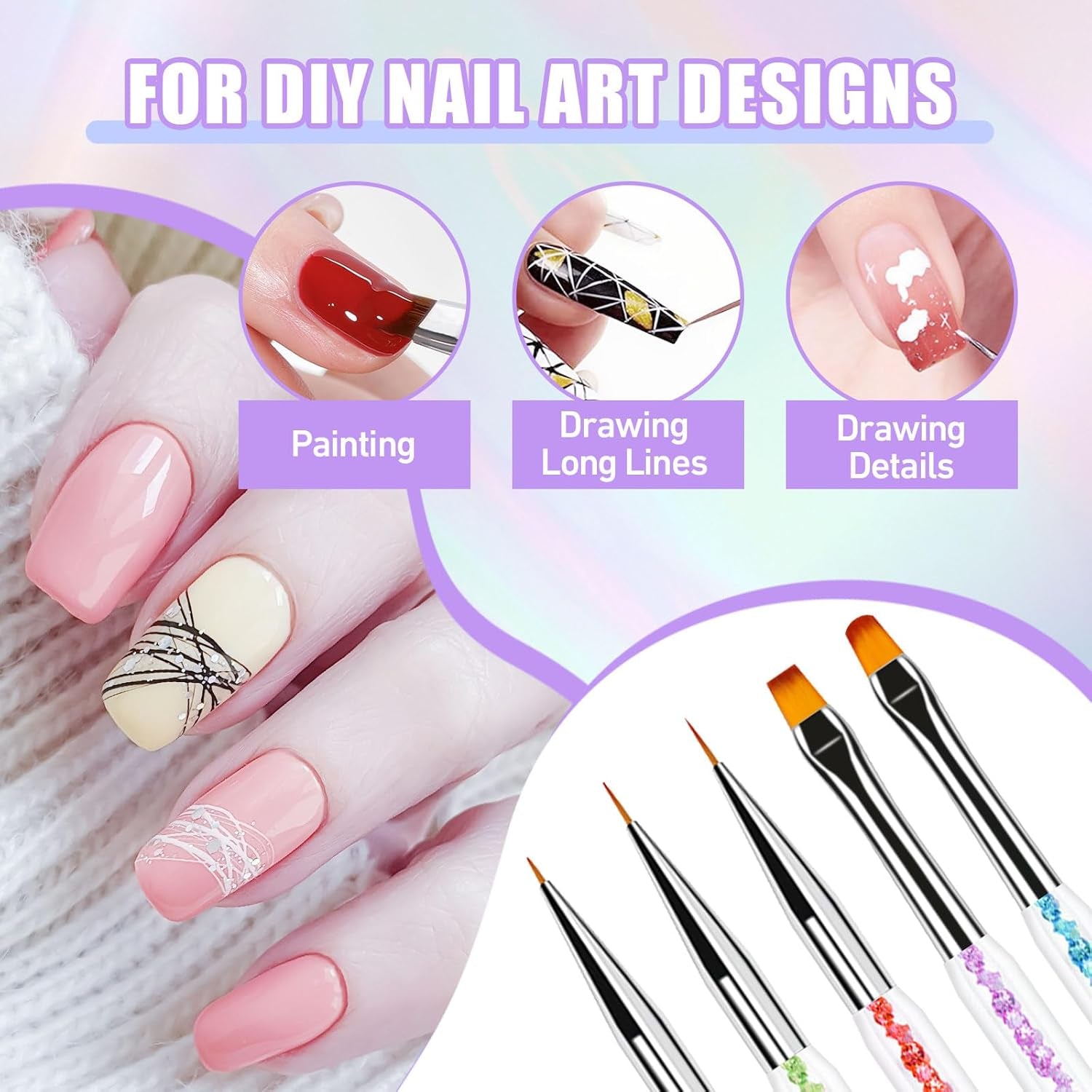 Sularpek 6 Stück Nagel Pinsel, Nail Art Pinsel, Pinsel Nageldesign, Nagel Pinsel Set, Nail Art Dotting Tools med 1 svampebørste applikator, Nageldesign Tilbehør til DIY Nail Art Design