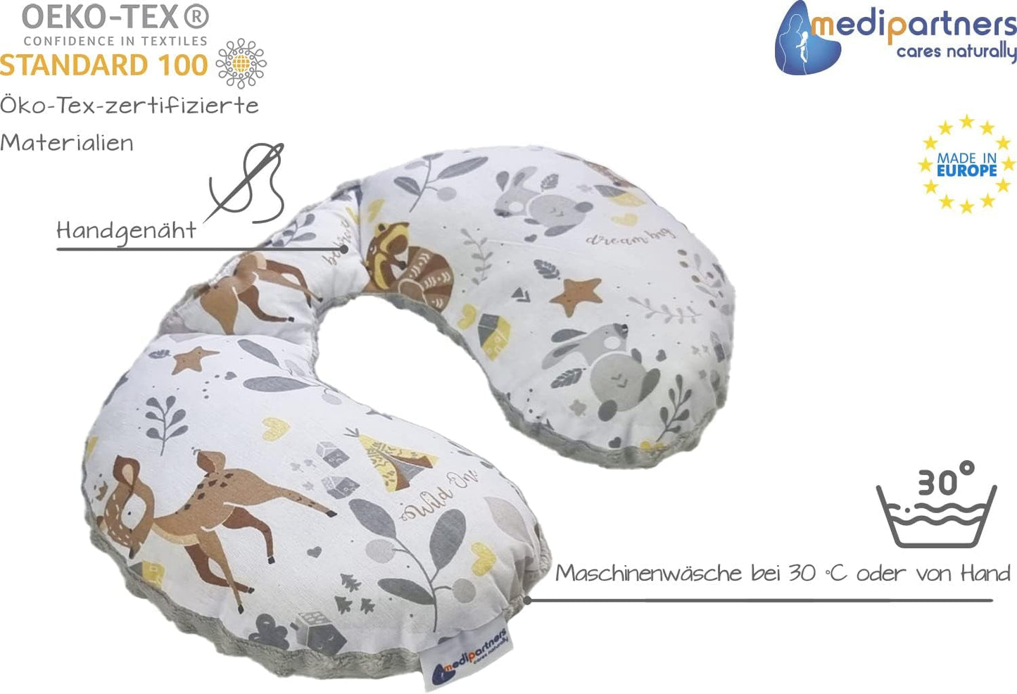 Medi Partners Baby Nakkepude Nakkestøtte 100% Bomuld / Minky Baby Nakkepude til Bilvogn Rejser Søvn Nakkepude Snooze Roll (REH med Grå Minky) Cervikale ortopædiske puder Naty Shop