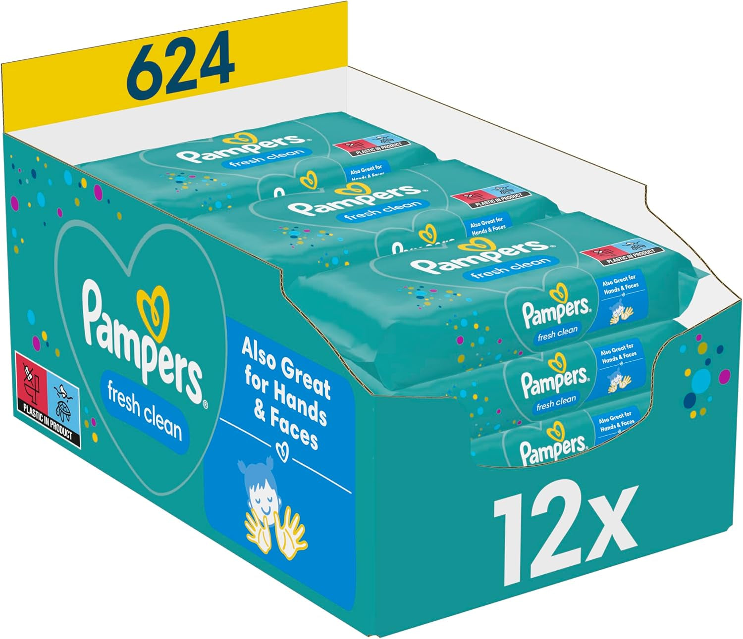 Pampers Fresh Clean vådservietter, 12 pakker med 52 servietter, 624 servietter i alt, let duft, også velegnet til hænder og ansigt