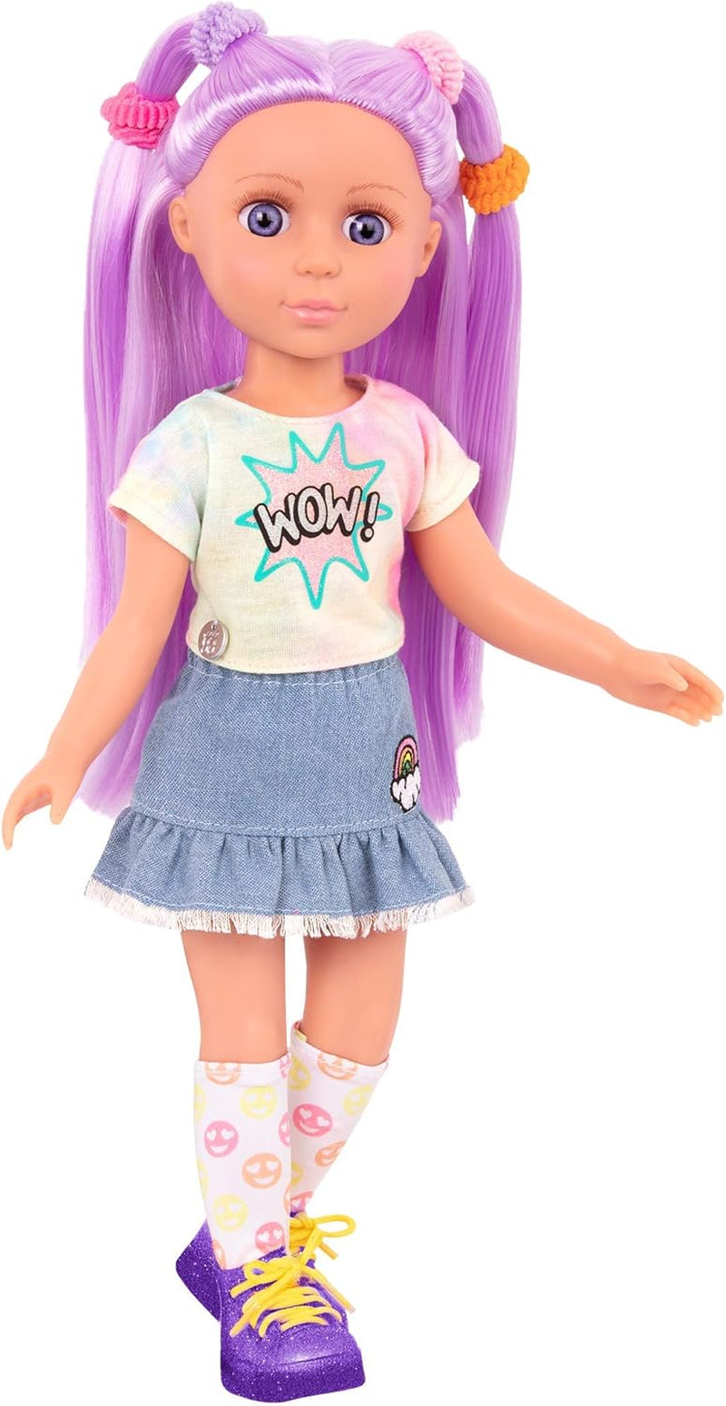 Glitterpiger - Luma - 36 cm artikuleret dukke - Unikt lilla hår og lilla øjne - Hårforlængelser, sløjfe, klips og farverigt outfit - 3 år +