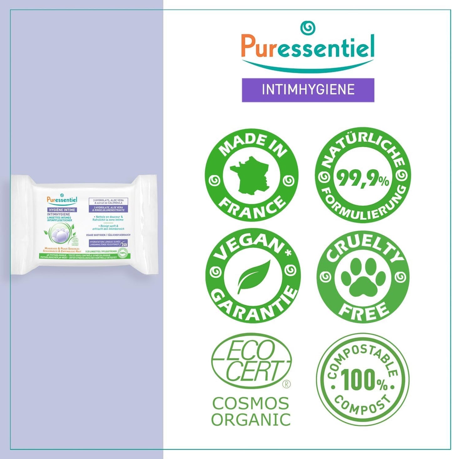 Puressentiel - Intim hygiejne - Intimservietter - Rensende og opfriskende - Følsomme slimhinder og hud - Langtidsvirkende hydrering 24 timer - Til daglig brug - X25 stk.