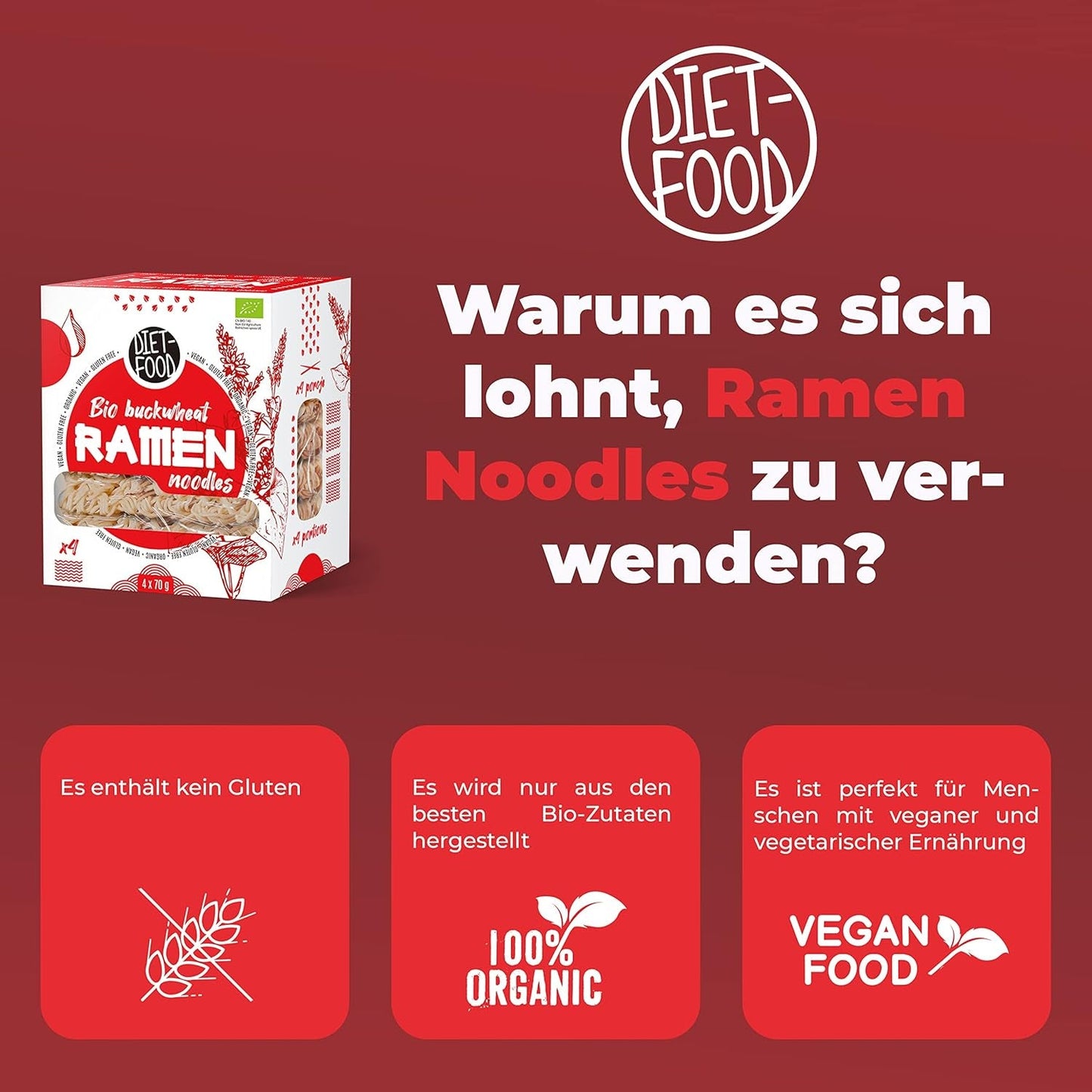 DIET-MAD Økologiske boghvede Ramen nudler, vegetarisk og vegansk mad, fedtfri, sojafri, glutenfri, vandopløselige diætnudler, lavt kalorieindhold, 280 g