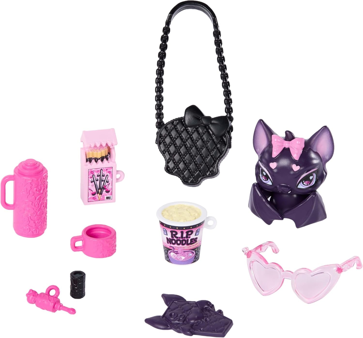 Monster High Doll Draculaura i lyserød kjole med sløjfer og sort cardigan med Count Fabulous Bat og 7 tilbehør inklusive Ramen, læbestift og taske, JHK29