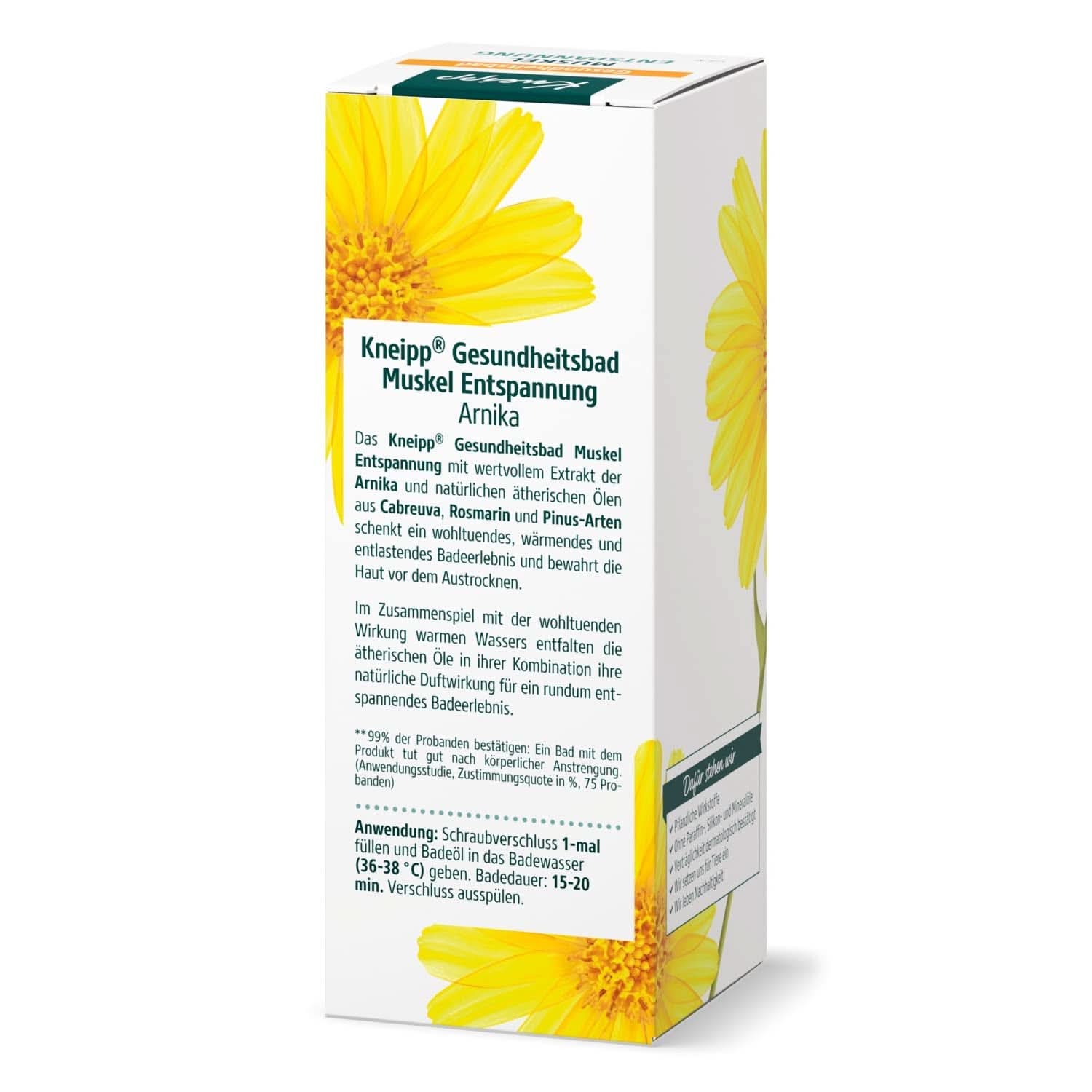 Kneipp Sundhedsbad, Muskelafspænding, Badeolie med arnicaekstrakt og æteriske olier fra Cabreuva, Rosmarin og Pinus arter, genopliver og heler efter fysisk anstrengelse, 100 ml Naty Shop