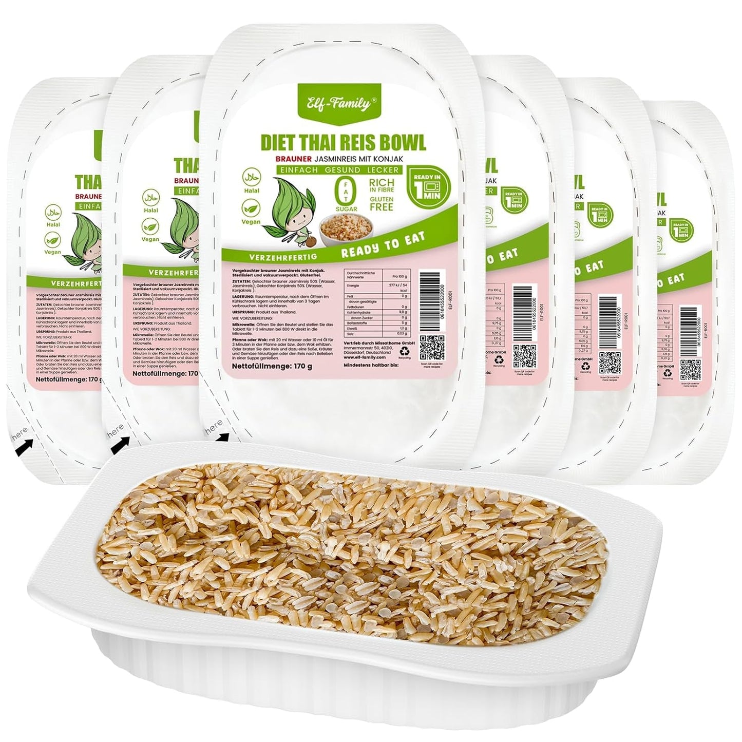 Elf-Family Konjak Reis Thai Brauner Shirataki Bowl -[Diätbox for 1 Wo.] - Instant Jasmin Reis - Fertiggerichte für Mikrowelle - Natürlich Superfoods Mikronährstoffe - Vegansk/Low Carb/Fettfrei- 6er Box