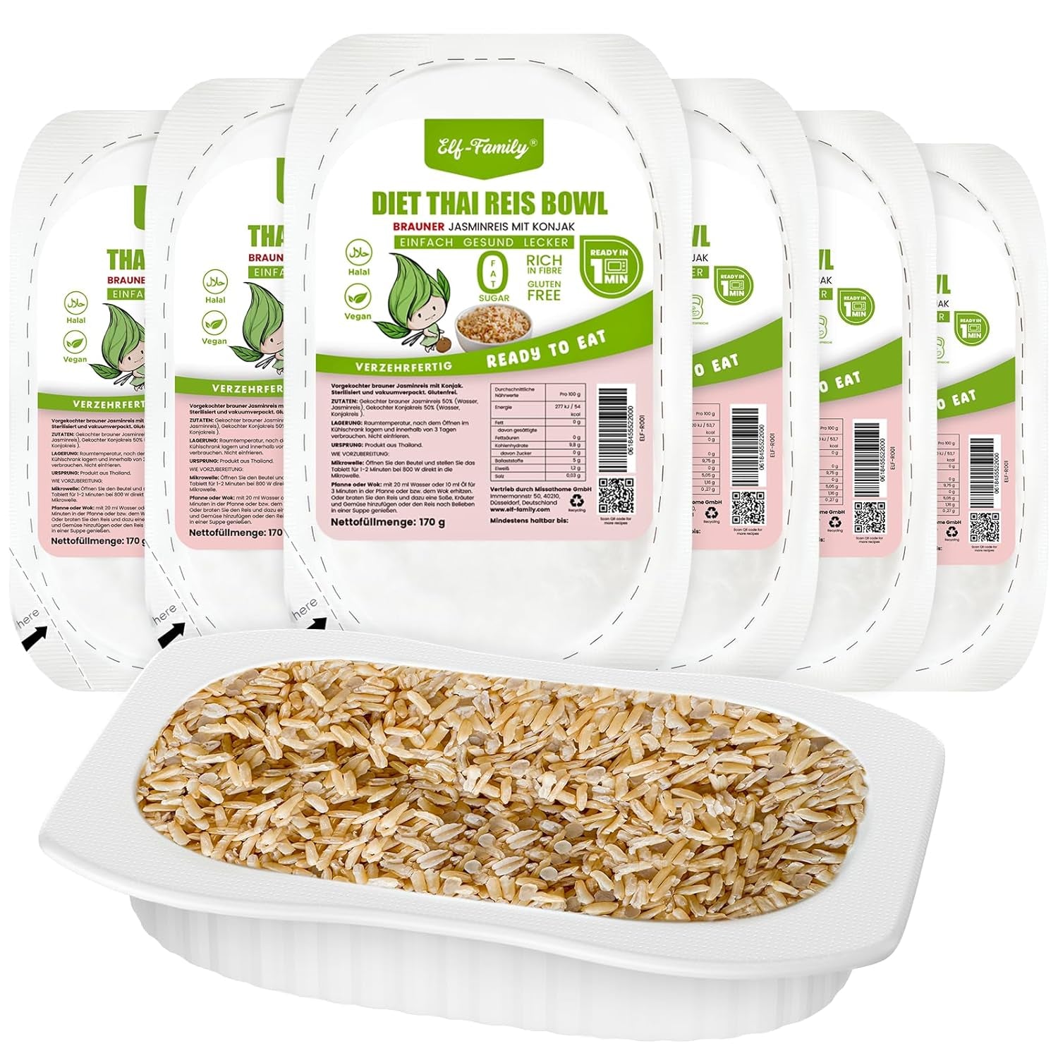 Elf-Family Konjak Reis Thai Brauner Shirataki Bowl -[Diätbox for 1 Wo.] - Instant Jasmin Reis - Fertiggerichte für Mikrowelle - Natürlich Superfoods Mikronährstoffe - Vegansk/Low Carb/Fettfrei- 6er Box