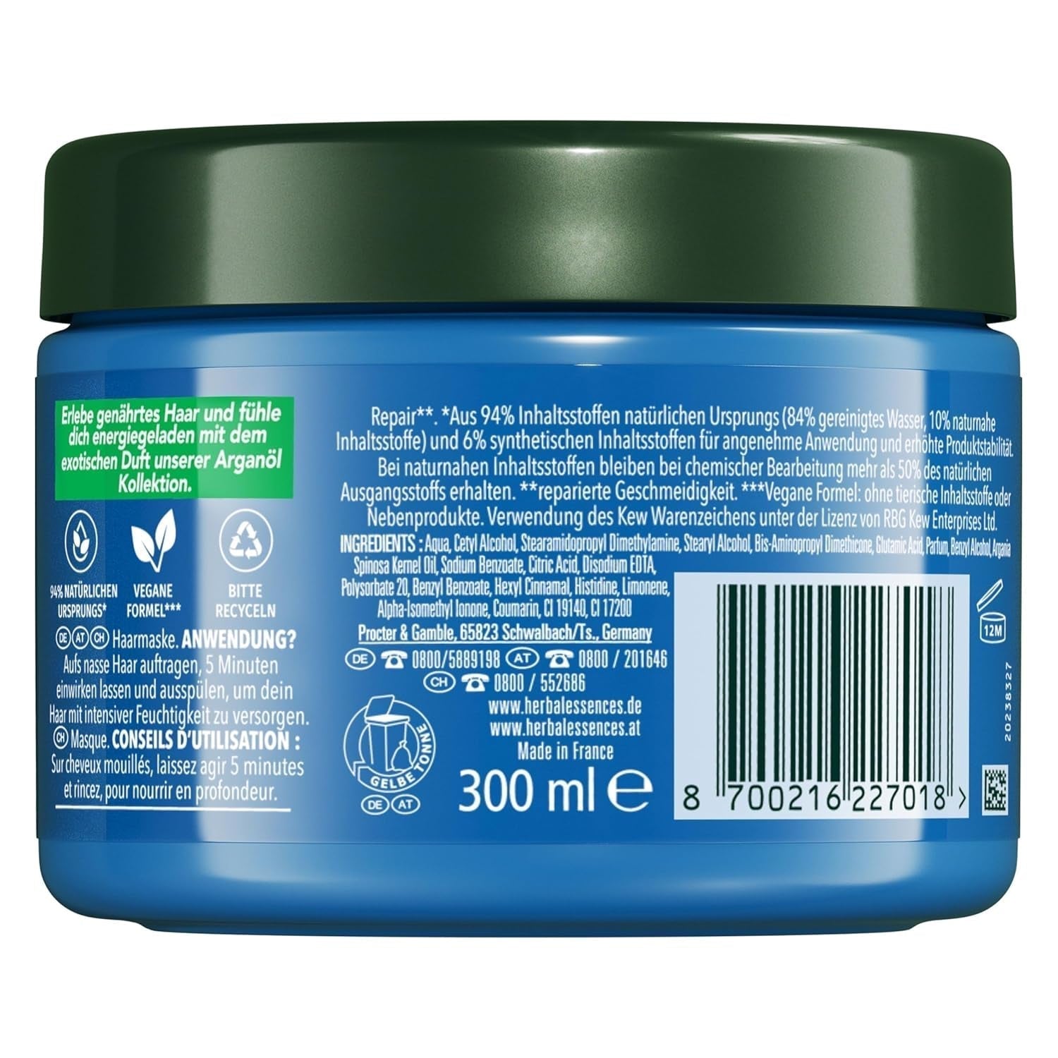 Herbal Essences Hårreparationsmaske med arganolie 300ml. Fra skadet hår til glattere og mere skinnende hår. Intensiv pleje. Med ingredienser af naturlig oprindelse. Vegansk Naty Shop hårmaske