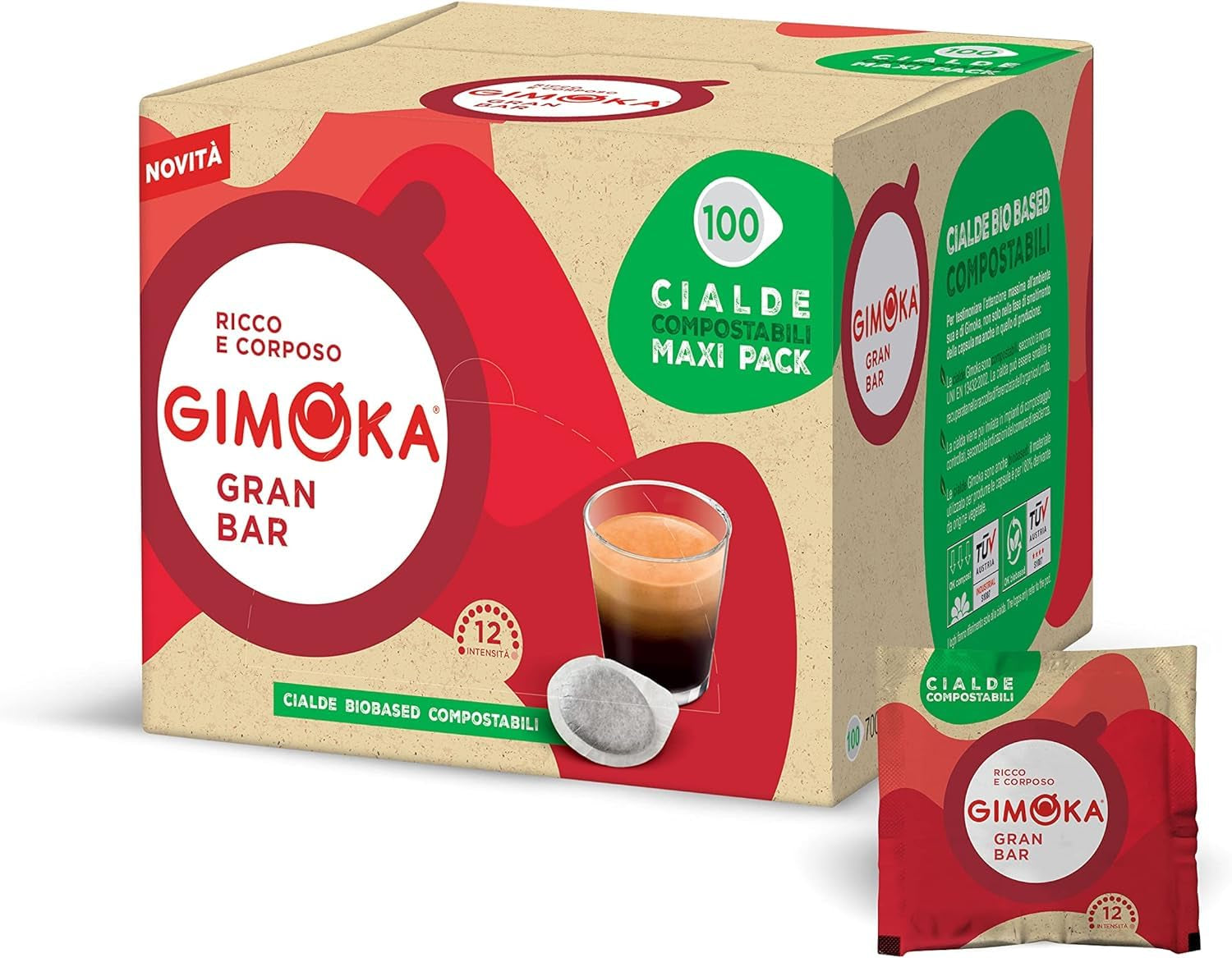 Gimoka Kompostierbare Kaffeepads, Gran Bar Intenso Kaffeemischung, Intensität 12-100 Pads - Kompatibel med ESE System Papier Pads 44 mm
