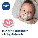 MAM Air Silikonesut 2 Pack Ekstra let og luftigt design Tandvenlig babysut Lavet af MAM SkinSoft Special Silikone med sutteæske 6-16 måneder Bjørn/næsehorn