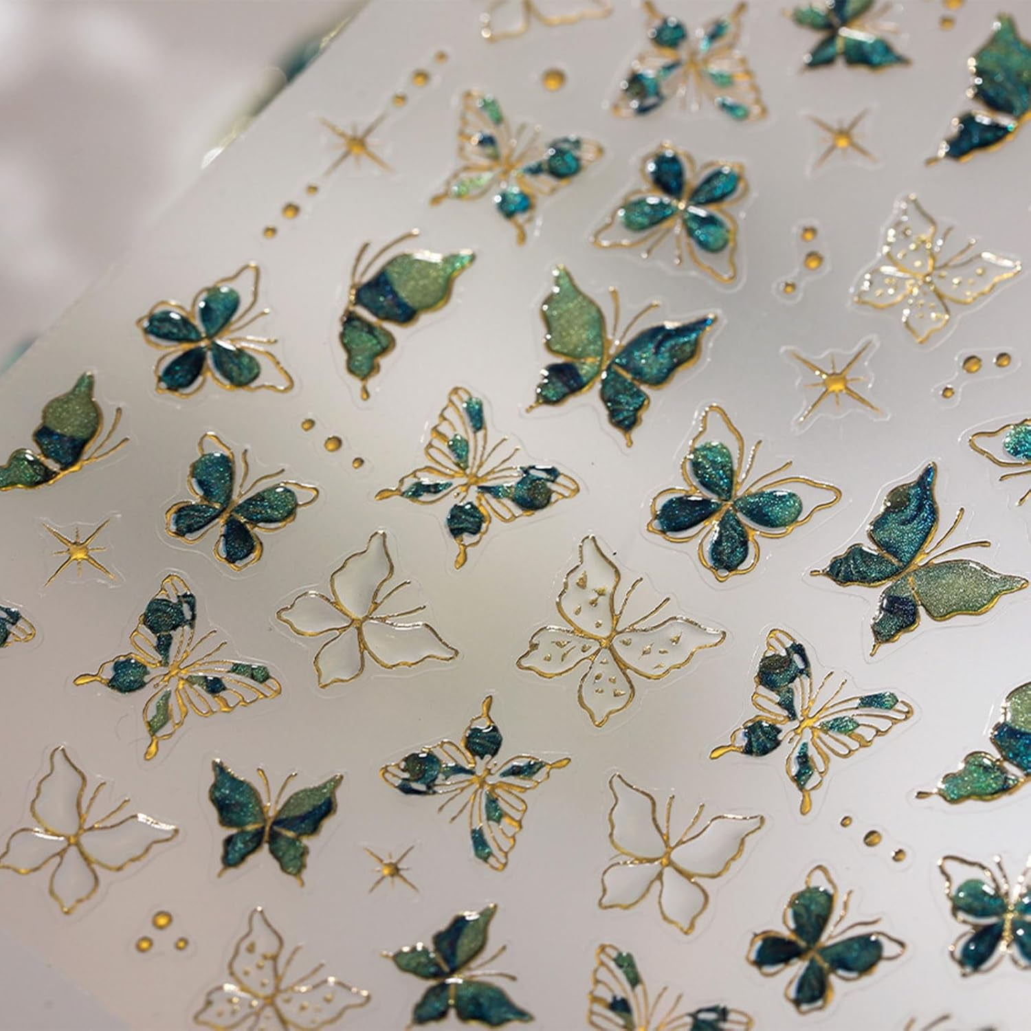 JMEOWIO 3D Nagelsticker Grün Gold Schmetterling Nail Art Sticker Selbstklebend Nagelaufkleber 5D Stereoskopisk Dekoration Nageldesign Tilbehør 1 Blatt
