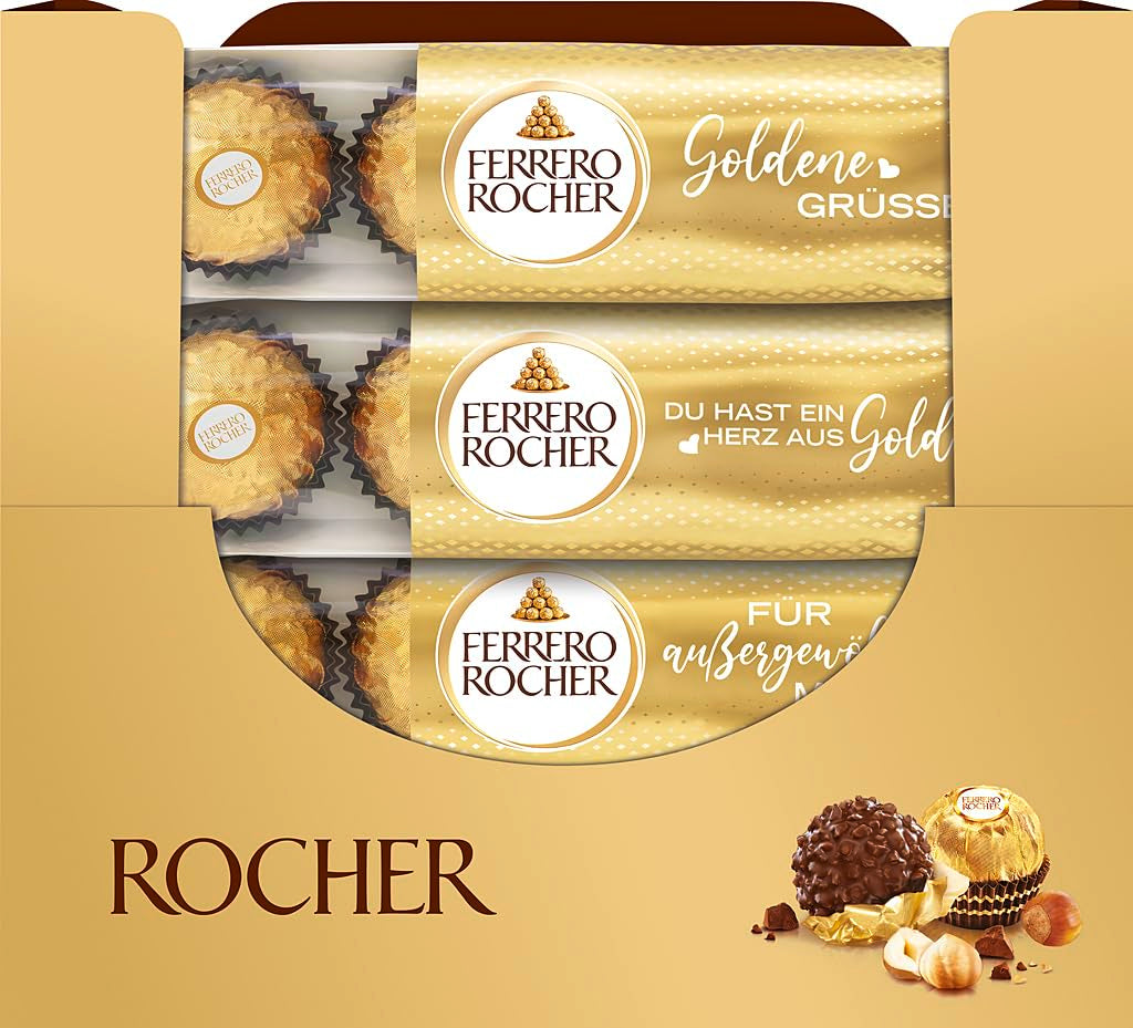 Ferrero Rocher - Sprøde og cremede hasselnøddepraliner - Valentinsdagsgave til ham og hende - 16 pakker med 4 individuelle praliner