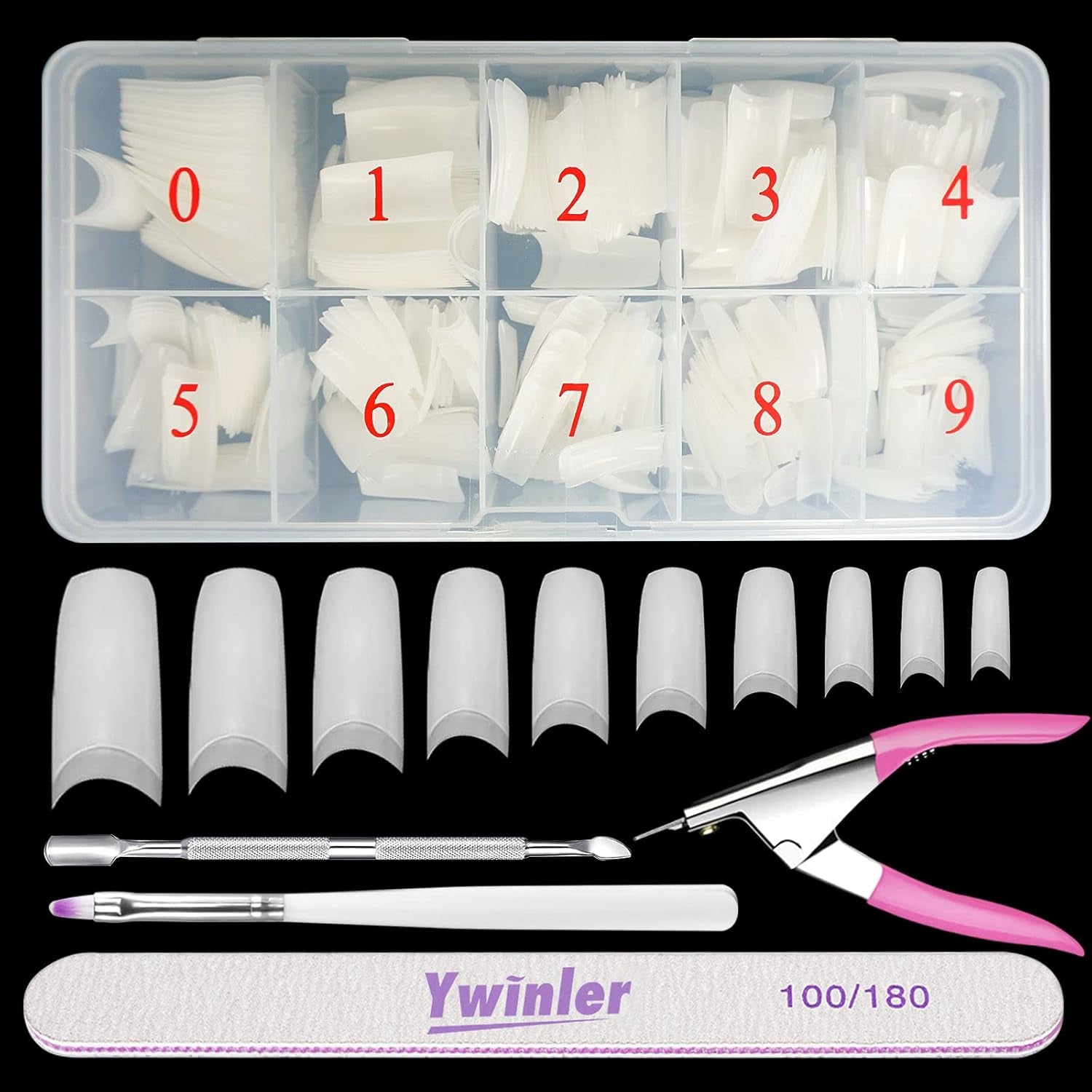 Falske negle 500 stk Naturlig farve kunstige falske negle 10 størrelser DIY Akryl med æske neglebørste Cuticle Pusher Neglefil