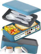 Umami madkasse til voksne, stabelbar Bento-kasse med 4 bestik og rum, madpakke til voksne, To-go-salatbeholder, Picnic-/kontormadkasse, koksgrå, 1500 ml madopbevaringskasser Naty Shop Denim Blue L - 1200 ml