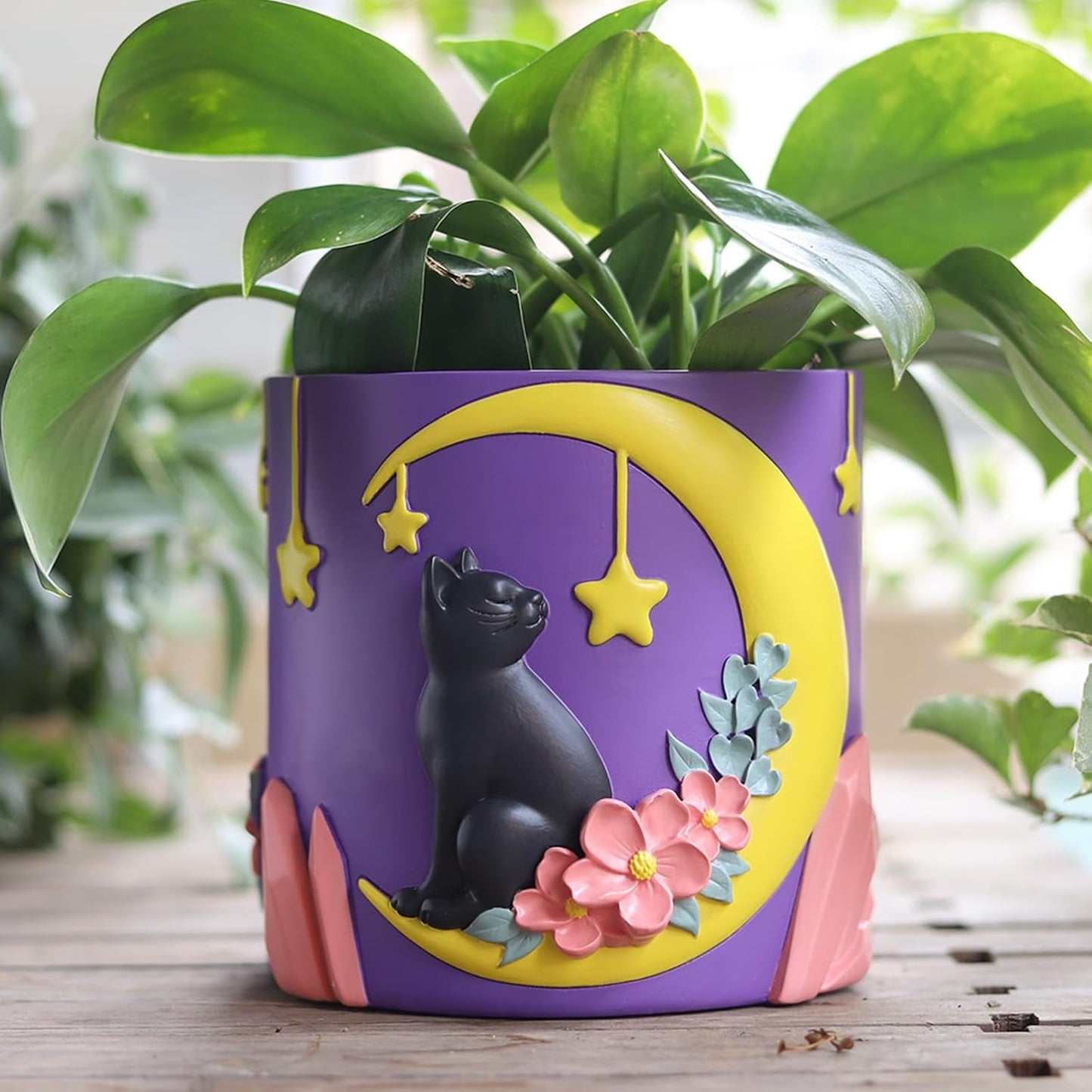 GUGUGO Cute Moon Cat urtepotter, unik blomsterpotte med dræning, regnbuefarver, små potteplanter, sjove sukkulente havepotter, gave, boligdekoration (C)