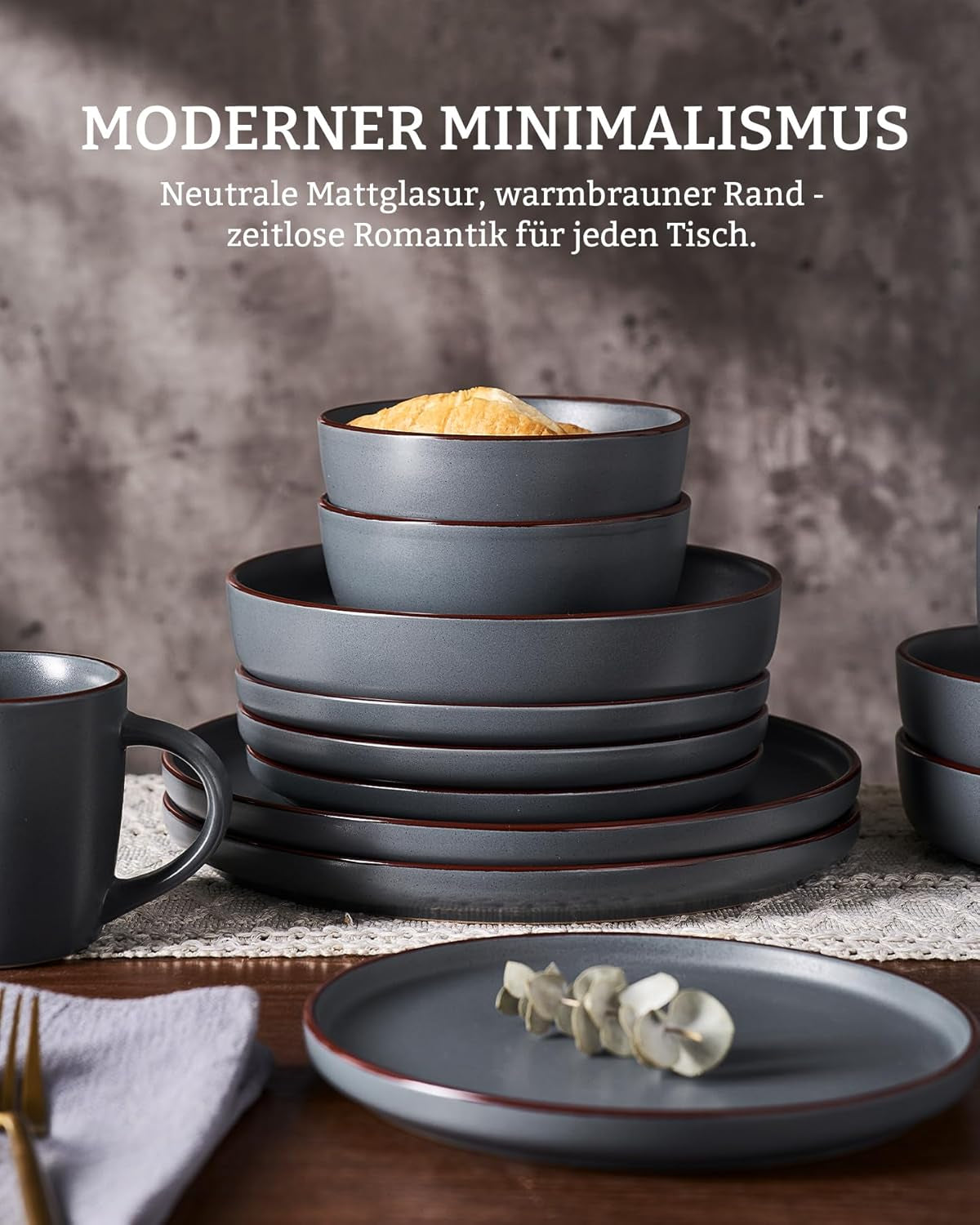 Mercury Spisesæt, 12-delt Spisestel, 4-personers Stentøjsstel med middagstallerkener, desserttallerkener, kornskåle, tåler mikroovn og opvaskemaskine, koksgrå