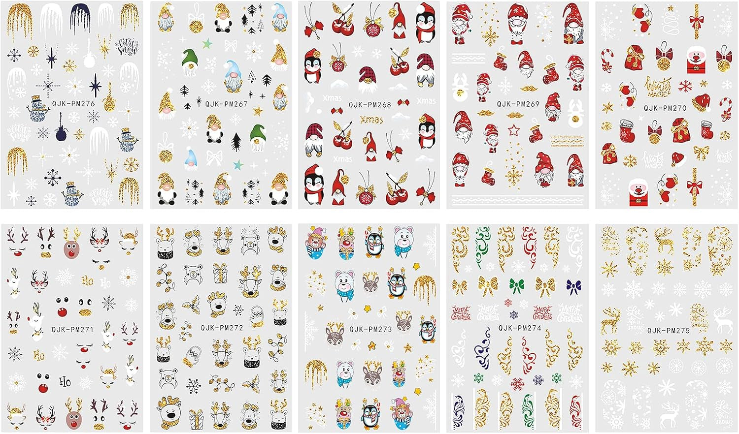 JMEOWIO Nagelsticker Weihnachten 10 Blatt Nail Art Sticker Selbstklebend Nagelaufkleber Glitter Schneeflocke Xmas Winter Urlaub Guld Dekoration Nageldesign Zubehör