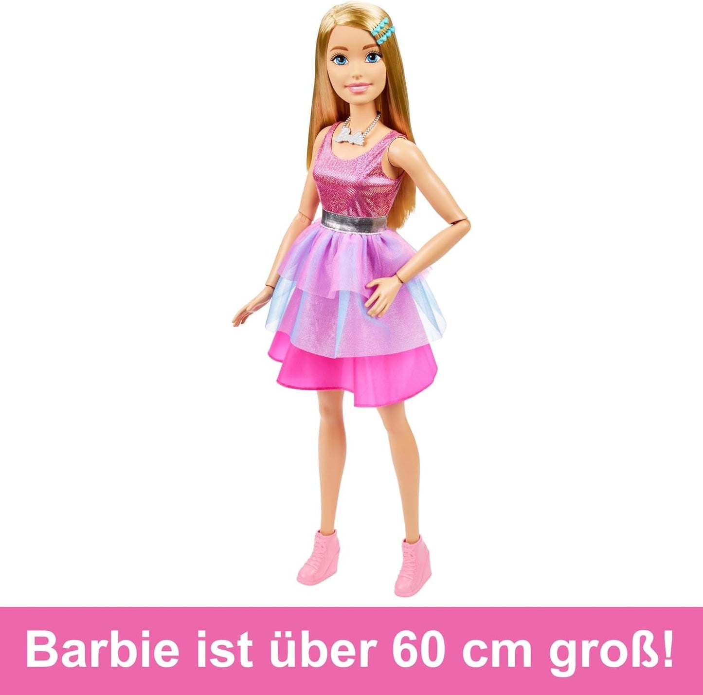 Barbie ekstra stor (71 cm) dukke - lyserød kjole, blond hår med klips og halskæde, gave fra 3 år og opefter, HJY02