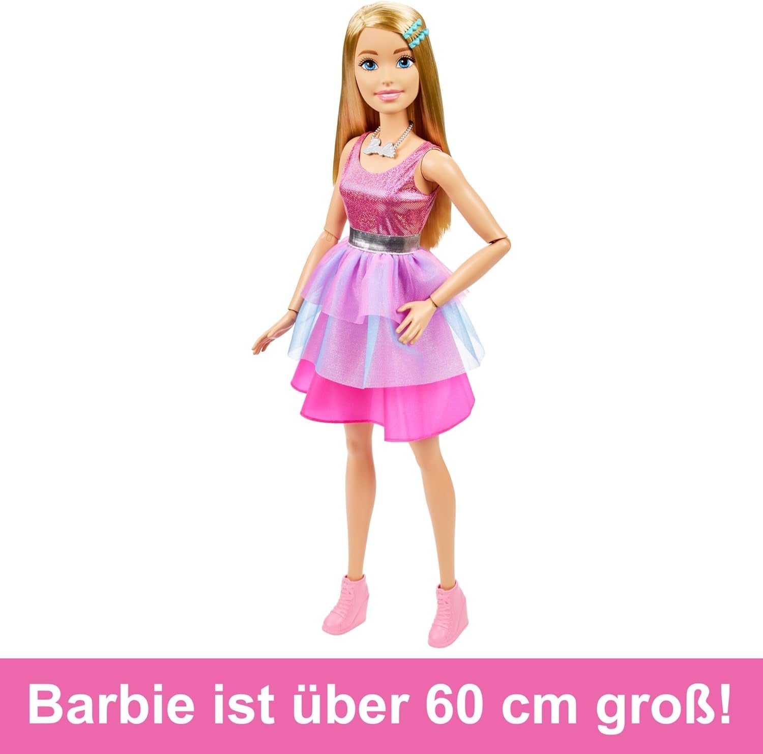 Barbie ekstra stor (71 cm) dukke - lyserød kjole, blond hår med klips og halskæde, gave fra 3 år og opefter, HJY02