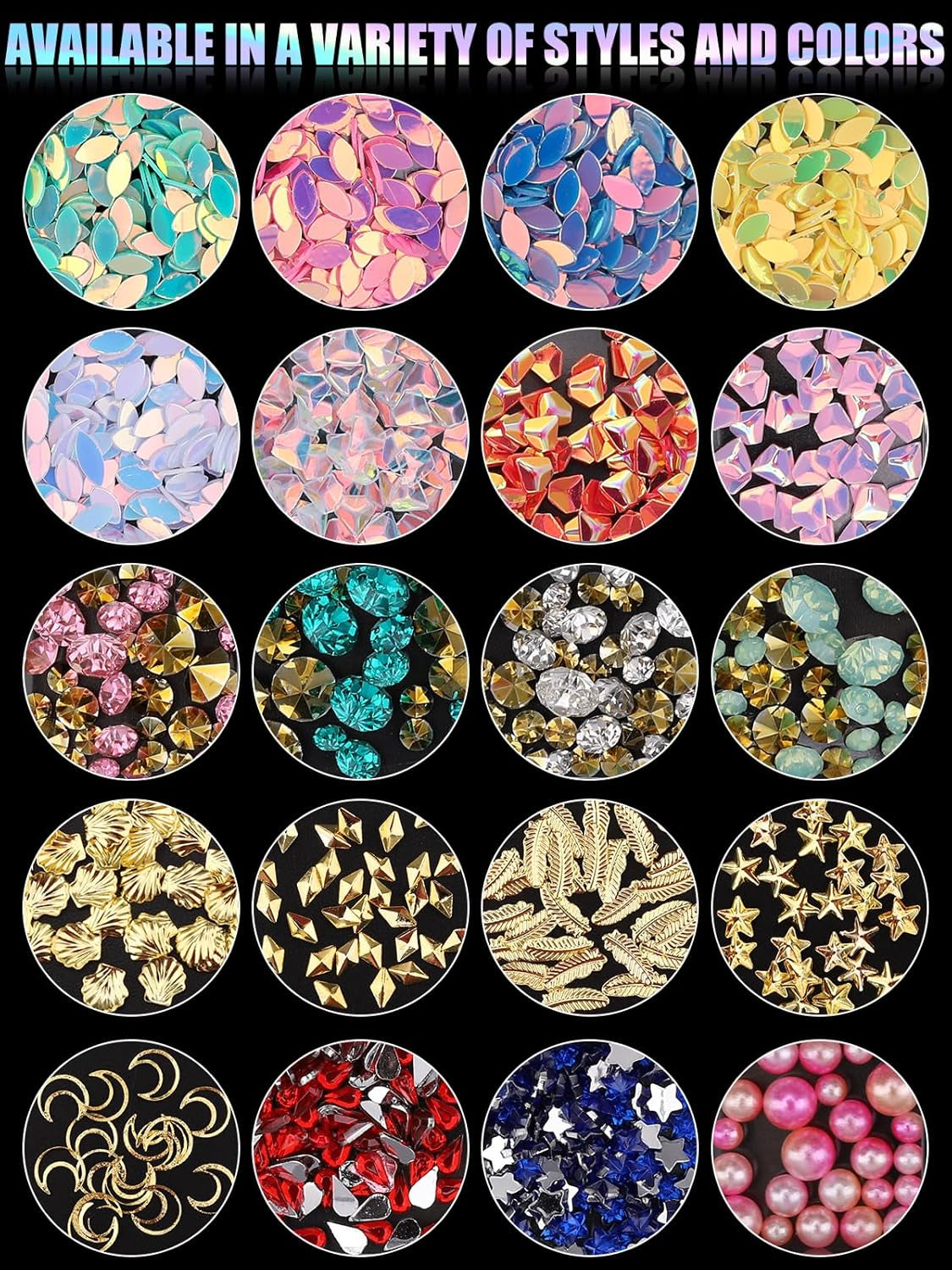 EBANKU Nail Art Strass Kit Multi Design Zubehör Mit 1 Pinzetten 1 Stück Wachsstifte Deko Diamanten Kristalle Perlen Edelsteine ​​Bunt Pferdeaugen Strass Metal Nieten Für Nagel DIY (1 Stück (10Er Pack))
