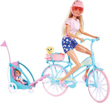 Steffi Love Bike Trailer, Dukke på cykel med trailer til baby, hund og hovedtelefoner, 3 år og opefter