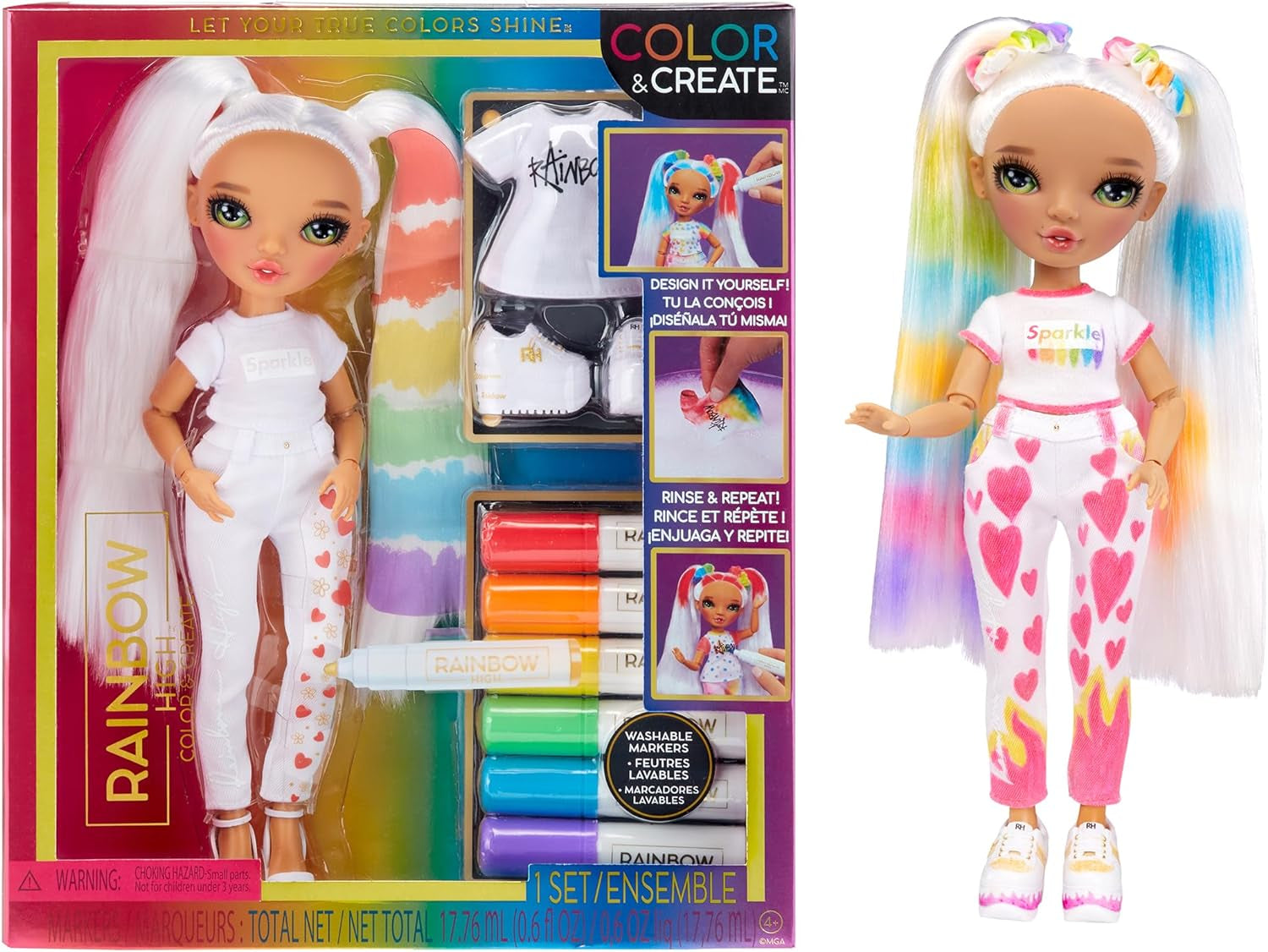 Rainbow High Color & Create DIY Modepuppe - Grüne Augen, Zopfe, extra Top & Schuhe, abwaschbare Regenbogenstifte - Ausmalen, Gestalten, Spielen, Auswaschen - for Kinder fra 4-12 Jahren og Sammler