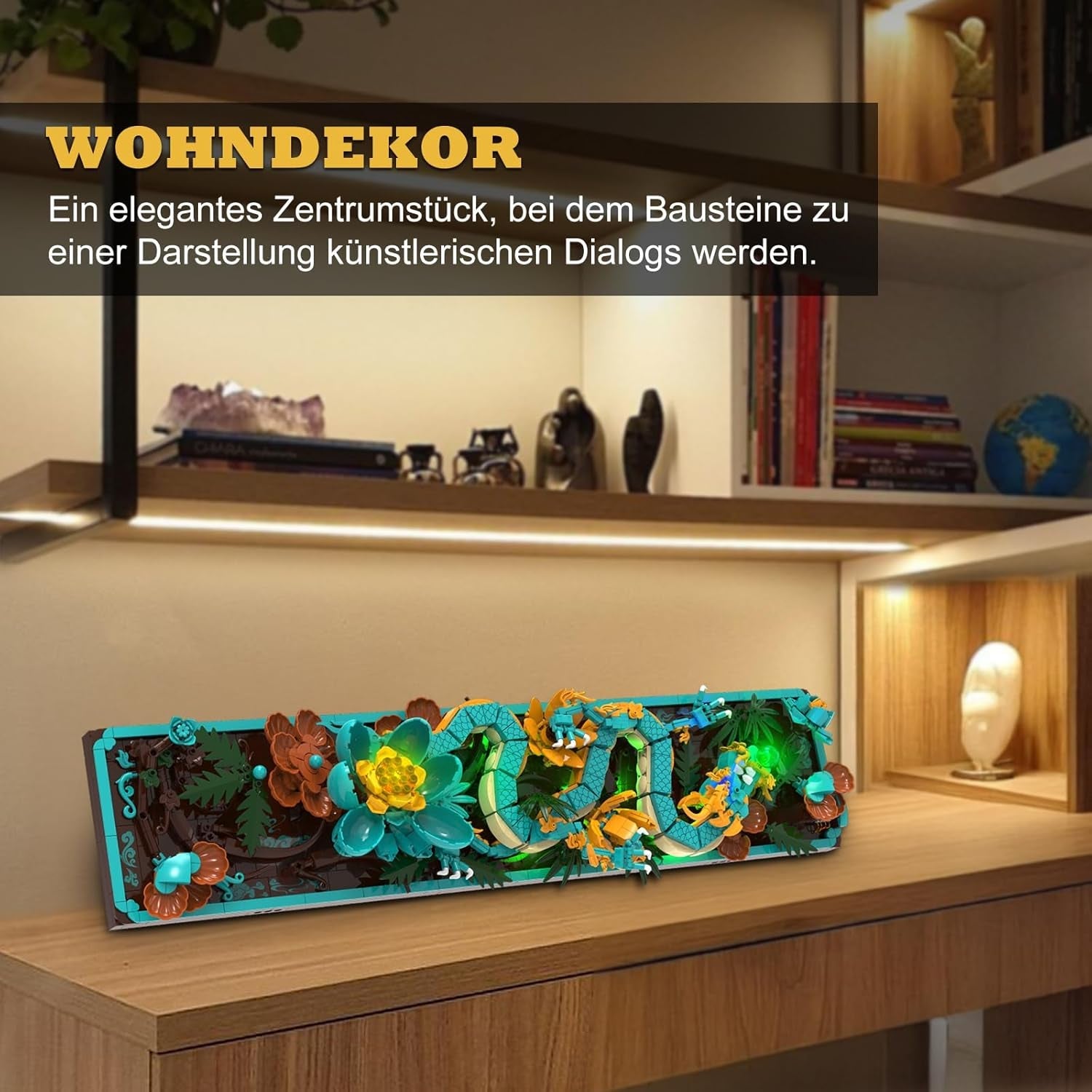 Mytisk drageflisebyggesæt til voksne, 3D Divine Loong Art byggelegetøj med LED-lys og blomster, DIY Dragon Relief Model Kit, kreative gaver og dekorationer (1676 stykker)