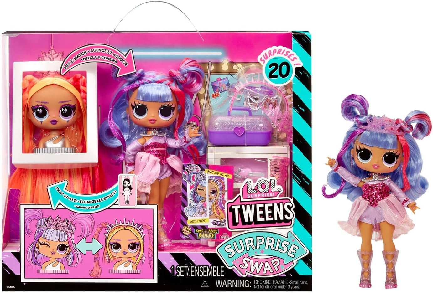 LOL Surprise Tweens Surprise Swap-serie - Buns-2-Braids Bailey - Modedukke med over 20 overraskelser, inklusive stylinghoved og fantastisk tilbehør og outfits - til alderen 4 og opefter