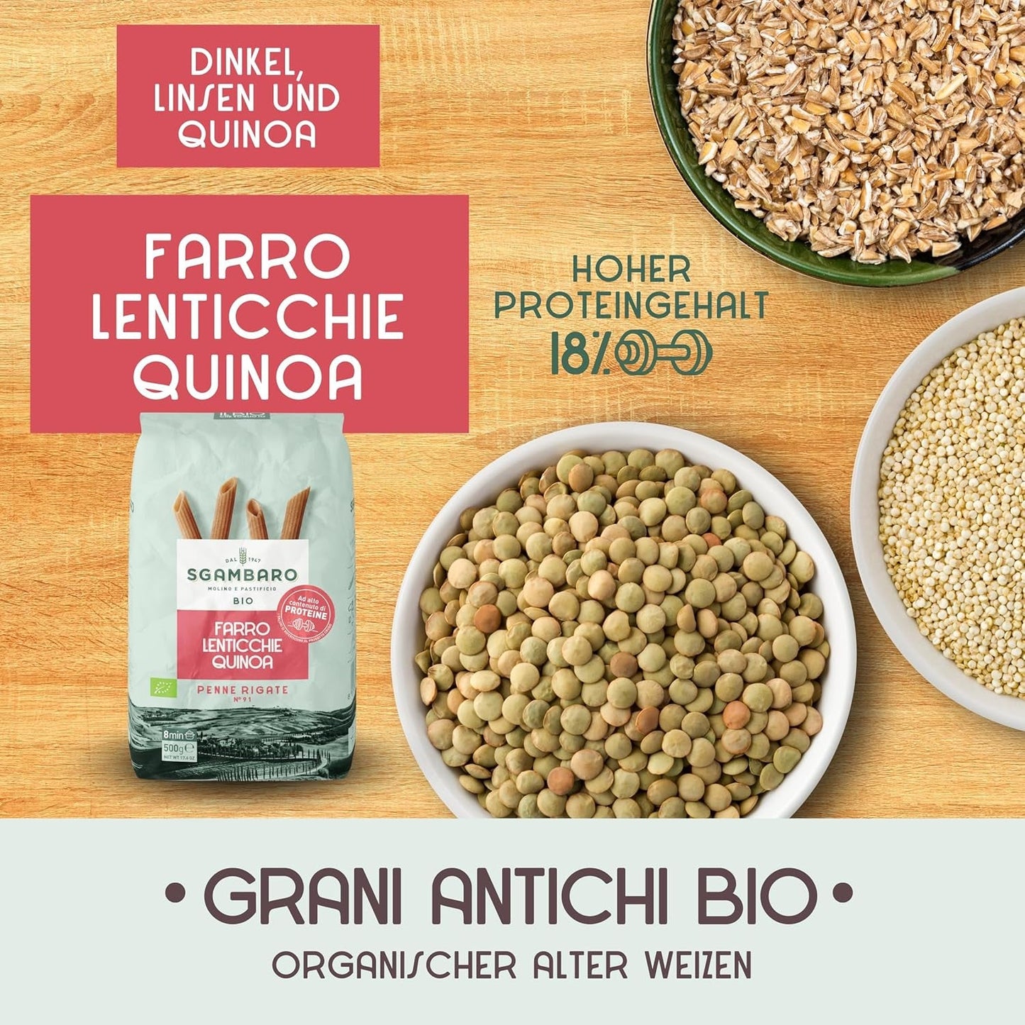 Økologisk Penne Rigate Pasta N.91 - 500g med speltmel, linsemel og quinoamel - Rig på protein, kilde til fiber og protein
