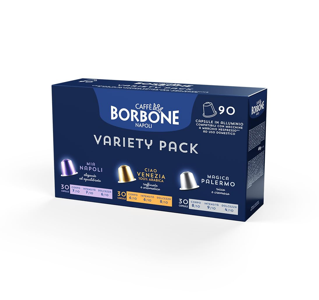 Caffè Borbone Verkostung Kit, 90 aluminiumskapsler: 30 Mia Napoli, 30 Ciao Venezia, 30 Magica Palermo, (3 x 30 Stück) – Kompatibel med Kaffeemaschinen für den Hausgebrauch af Nespresso®-mærket*